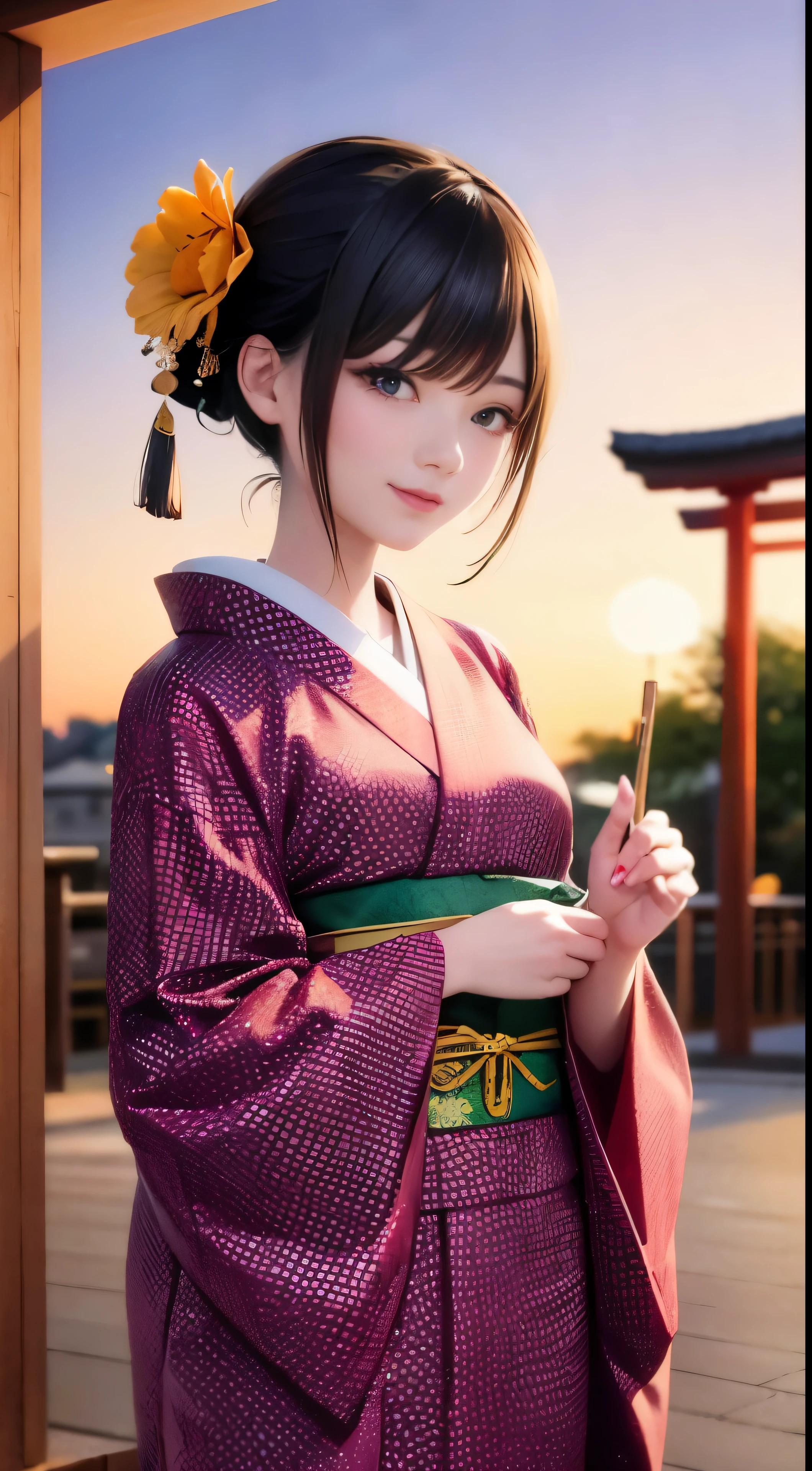 (((Top quality, 8k, masterpiece))), crisp focus, a beautiful woman with a slender figure and an elegant updo hairstyle, (((Kimono: Kara))), in the background, a street scene (1.2) with a highly detailed face and skin texture, intricately designed double eyelids, a random posture, and a captivating smile. This super cute Japanese girl radiates beauty as she enjoys the summer festival at sunset, surrounded by the magical atmosphere of fireworks in the sky.