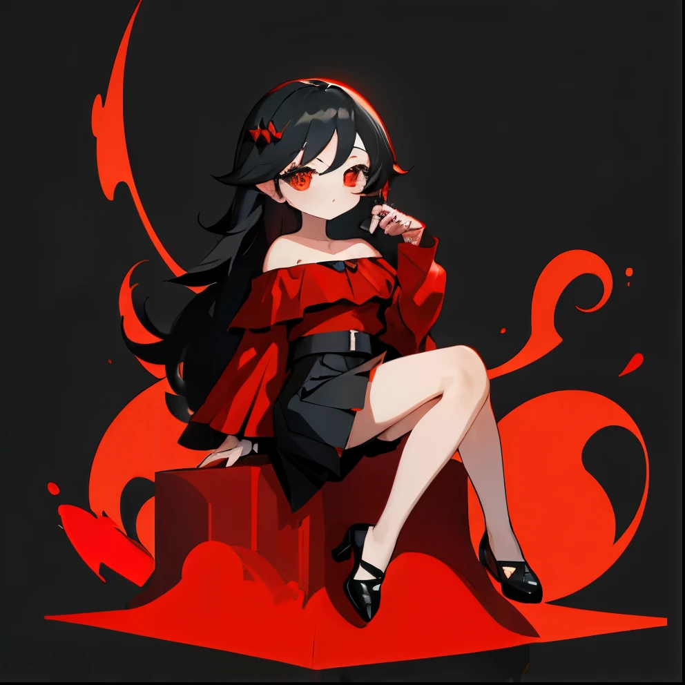 ((masterpiece, highest quality)), whole body, (1 girl), (alone), (female focus), (black longhair), (groomed hair), (((Red off-shoulder)), ((black skirt)), (short skirt)), (white background), ((pumps)),((chibi)) ,sitting