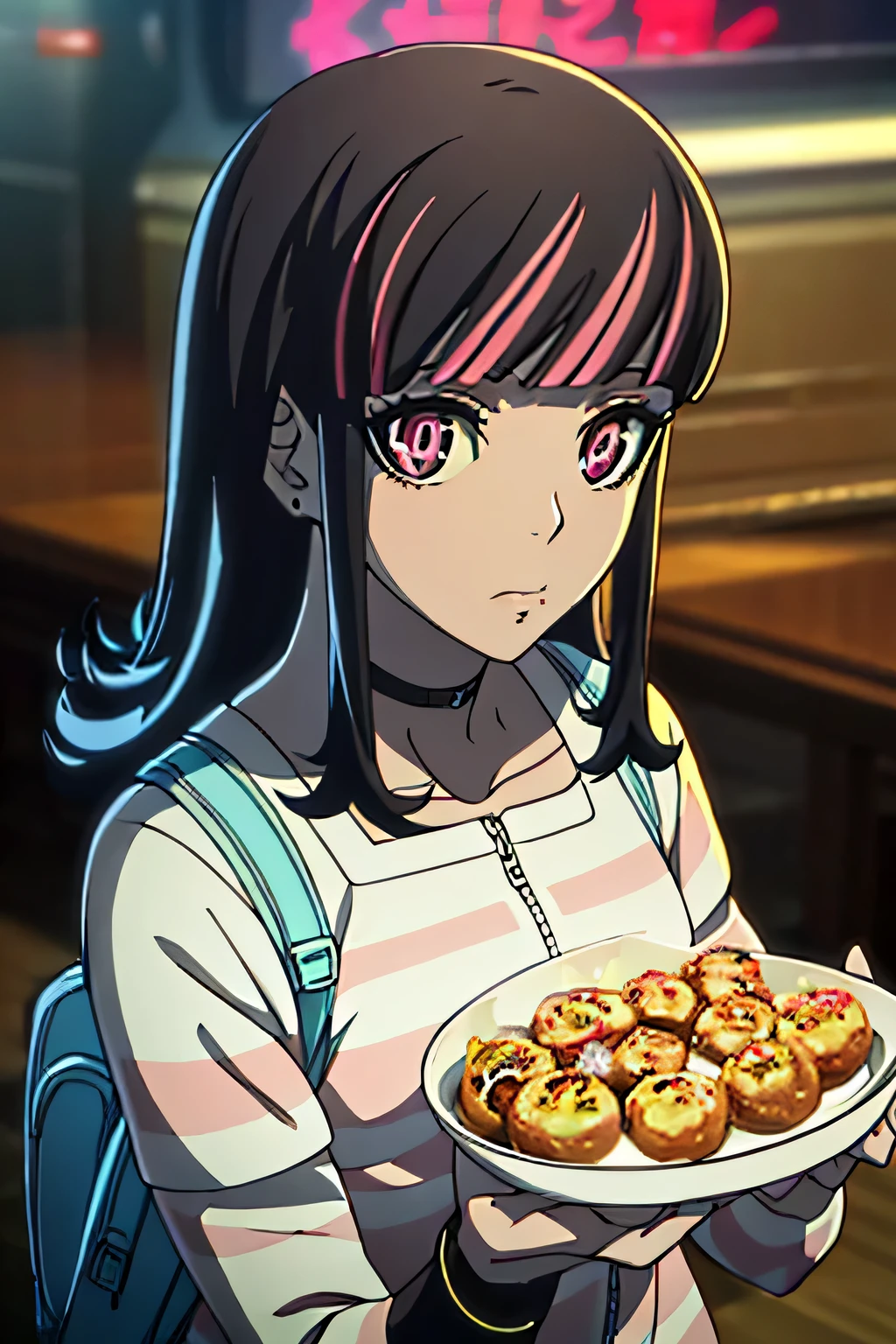 masterpiece, highest quality, sketch, 1 girl, 一people々in, looking at the viewer, , , The usual_people々_they are lying_Guido, black hair, , striped hair, pink hair, long hair, pink eyes,  Takoyaki, Takoyaki stall in the background, animeスタイル, new sensation, Osaka in the near future, anime漫画ロボット！, animeの女の子, nice lighting in the afternoon, cutscene footage, persona 5 style, Tomomi Iwakura close-up, anime「space dandy」dandy, animeのスクリーンショット, Cindy H. Yamauchi&#39;s works, animeの女の子, Komatsuzaki style, blade runner, studio clown style, black pictures