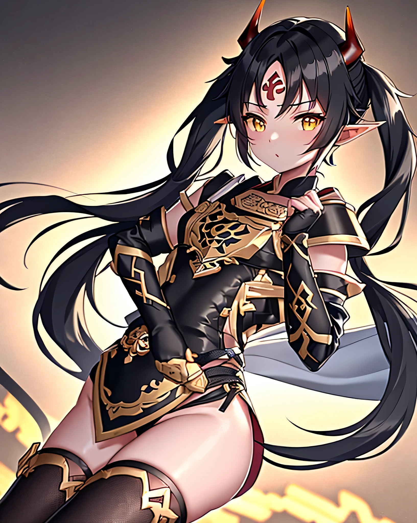 e7 ARavi, yellow eyes, red mark in forehead, black hair, (low twintails coming from under the ears) with yellow ribbons, small breasts, black small bull horns, (long red chinese tabard), black sorts, nothing under the tabard, naked under tabard, (masterpiece), best quality, highres, 4k, 8k, Detailed Illustration, intricate detail, cinematic lighting, amazing quality, 1girl, fit female, amazing shading, soft lighting, facing camera, perfect eyes,
