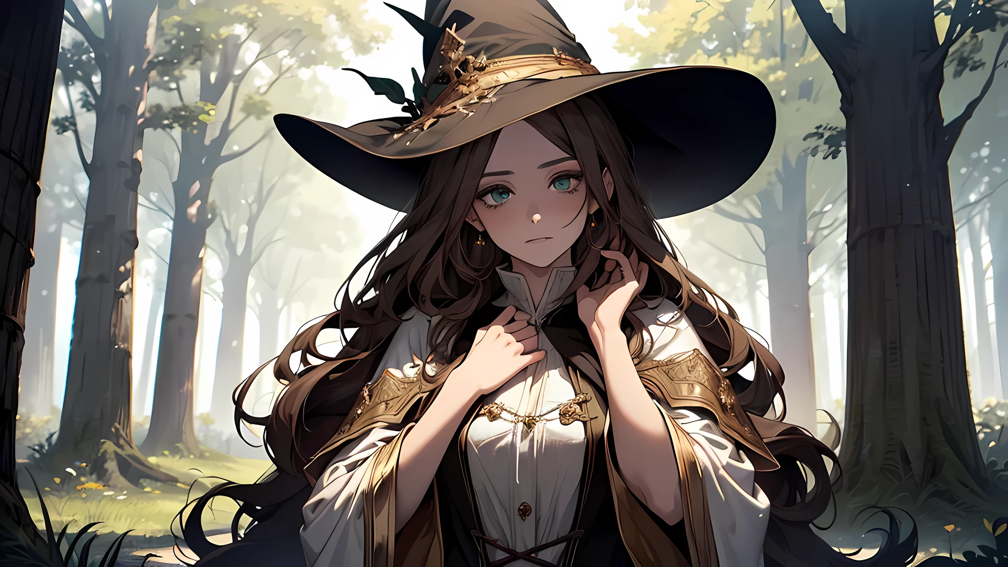 A beautiful woman with green eyes and brown hair, witch hat, Ella es una hechicera bruja, wearing white and gold robes, Noble robes, Una princesa de magia y una mirada miedo;, ((Enrojecida)) Fondo del bosque, Por la noche, Un bosque horrible, trees with branches. Leaning against a tree, Bosque con niebla. Un arte para un RPG Un arte medieval para RPG ((con escote)), perfect face, perfect eyes, perfect body