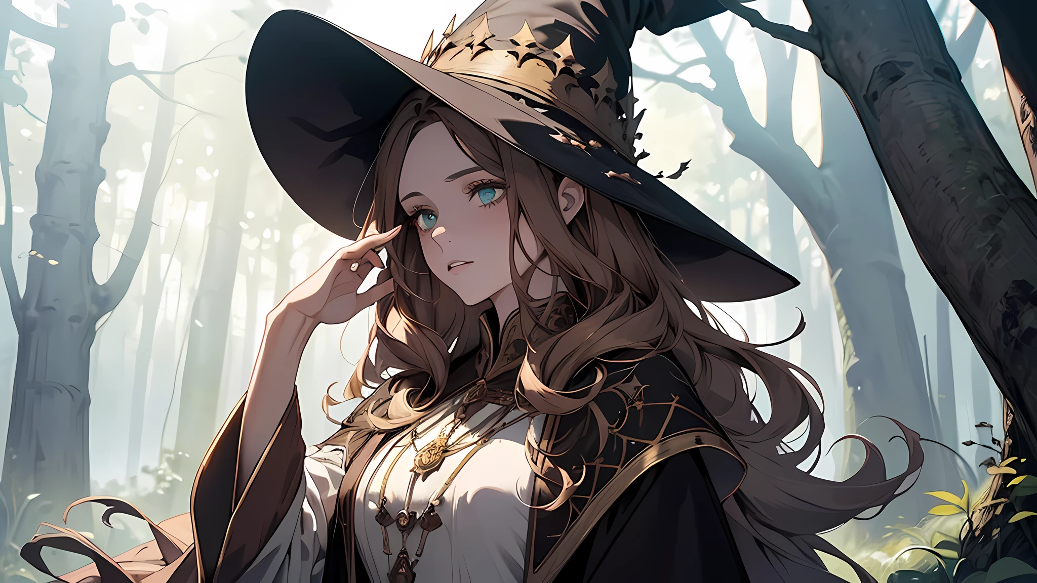 A beautiful woman with green eyes and brown hair, witch hat, Ella es una hechicera bruja, wearing white and gold robes, Noble robes, Una princesa de magia y una mirada miedo;, ((Enrojecida)) Fondo del bosque, Por la noche, Un bosque horrible, trees with branches. Leaning against a tree, Bosque con niebla. Un arte para un RPG Un arte medieval para RPG ((con escote)), perfect face, perfect eyes, perfect body