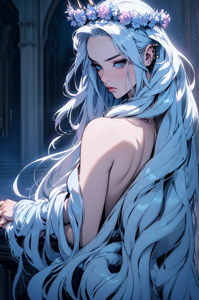 hyper-realistic of a mysterious woman with flowing silver hair, piercing blue eyes, and a delicate floral crown, backwards, looking back, whole body