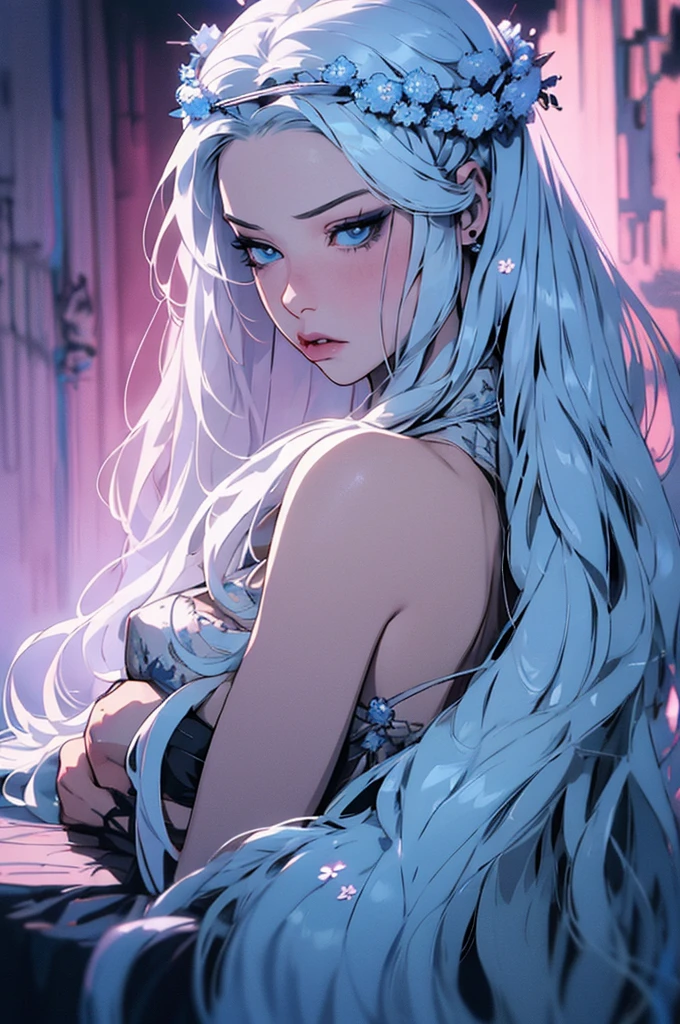 hyper-realistic of a mysterious woman with flowing silver hair, piercing blue eyes, and a delicate floral crown, backwards, looking back, whole body