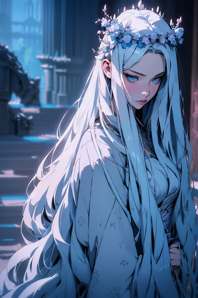 hyper-realistic of a mysterious woman with flowing silver hair, piercing blue eyes, and a delicate floral crown, backwards, looking back, whole body