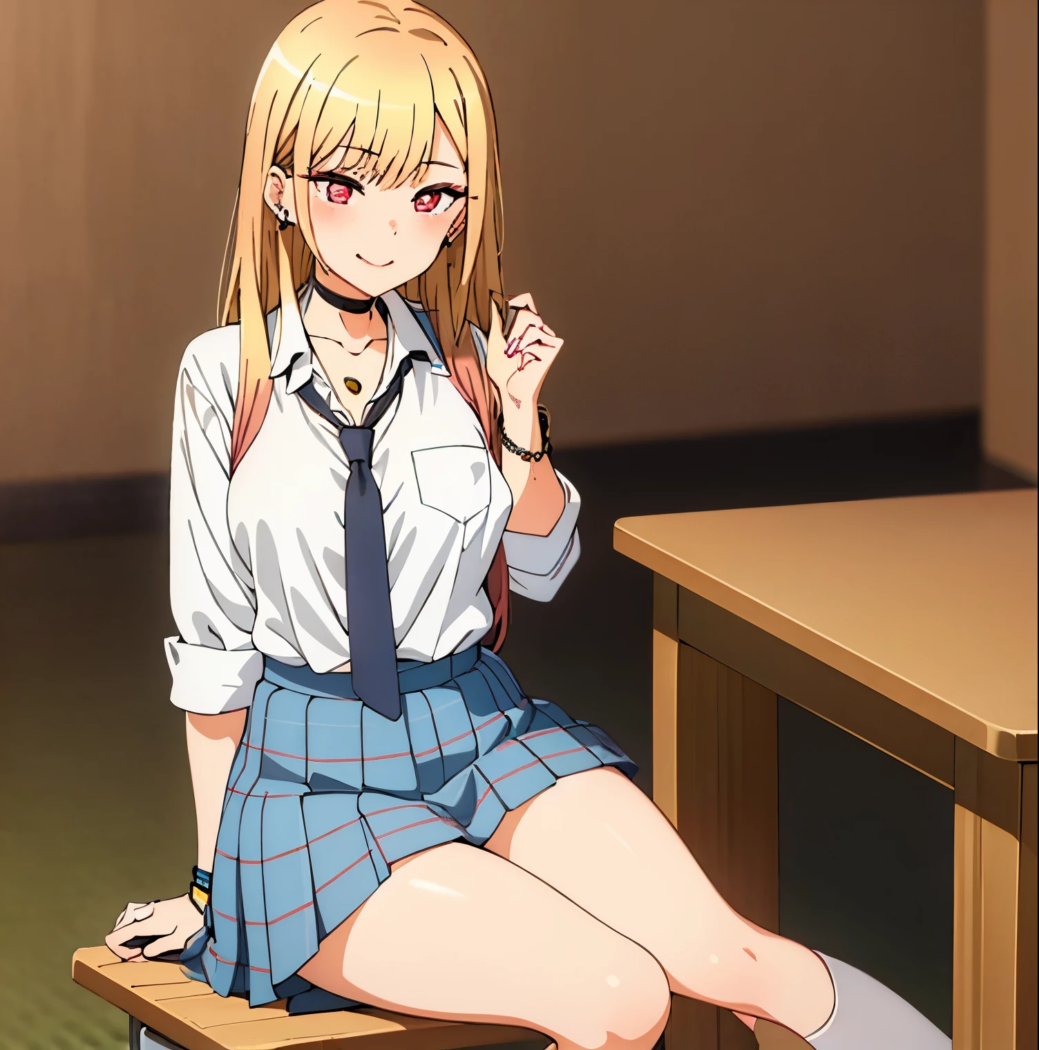 1girl, alone, Marin Kitagawa, masterpiece, Best quality, high resolutions, blonde hair, long hair, hair with pink tips, red eyes, jewelry, necklace around the neck, choker, school uniform, white collar shirt, long sleeve shirt ,cleavage, dark blue tie, blue plaid skirt, short skirt, bare legs, Gallon, brown loafers, black stockings, full body, ear piercings, large breasts, medium waist, wide hips, medium thighs, bracelet, classroom classes, sitting at the desk, legs open, smile, mouth closed, seductive, embarrassed, sunny, sunset, good lighting, perfect anatomy, perfect hands