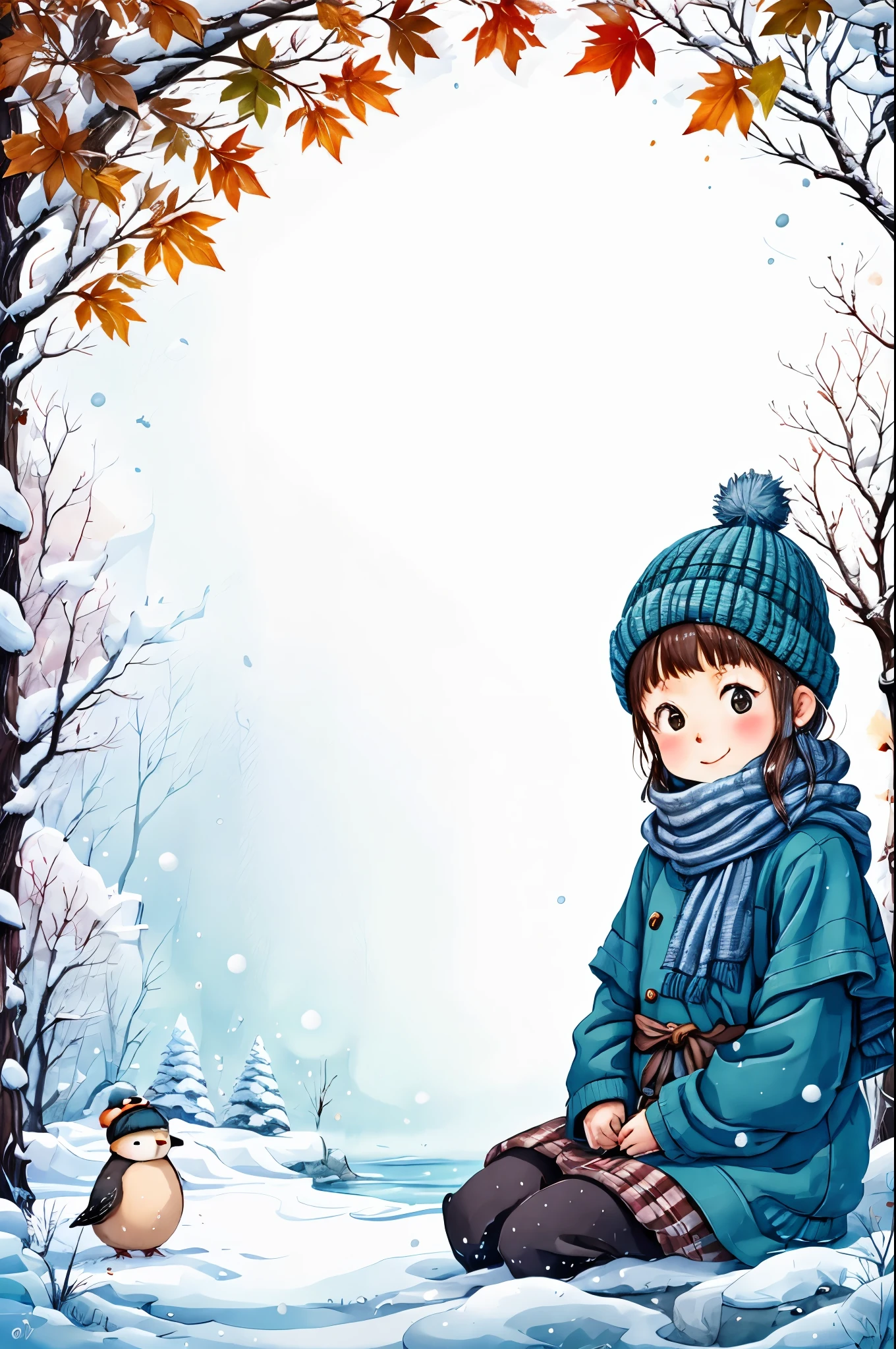 Winter Frame,apple,autumn,autumn leaves,bare tree,beanie,bear,bird,black eyes,blush,branch,bucket,earmuffs,fence,food,fruit,hat,holding,leaf,maple leaf,no humans,onsen,outdoors,penguin,rock,scarf,sitting,snow,snowflakes,snowman,sweet potato,sword,tree,water,white background,winter,blank middle