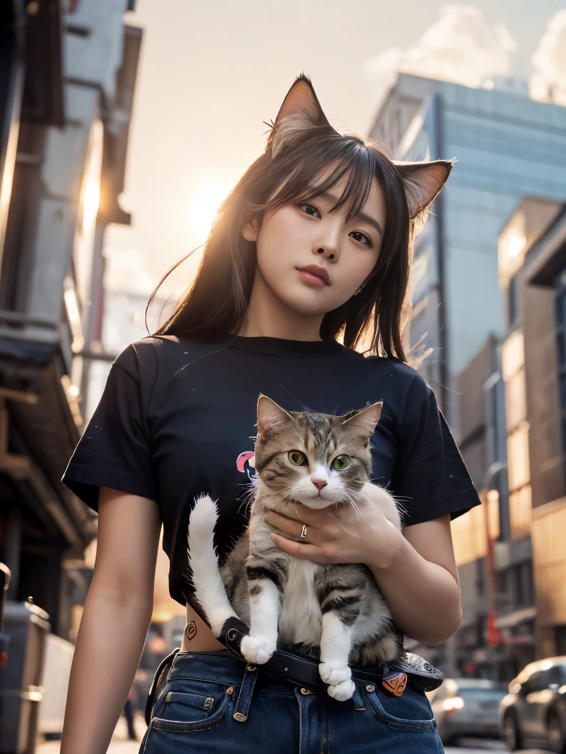 4K.HD. (Masterpiece, Best Quality, ) ,bokeh, a girl, Light brown beautiful hair, Light brown eyes, Plump breast, Blushed face, (cat ear:1.2), colourful t-shirt,  (Japanese idle:1.6), holding a pretty cat,   Looking at the viewer, (background is sunset wall street:1.4), (From below:1.6), cowboy shot