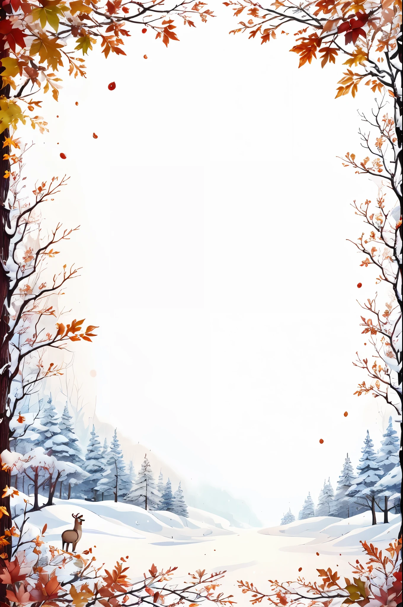 Winter Frame,apple,autumn,autumn leaves,bare tree,beanie,bear,bird,black eyes,blush,branch,bucket,earmuffs,fence,food,fruit,hat,holding,leaf,maple leaf,no humans,onsen,outdoors,penguin,rock,scarf,sitting,snow,snowflakes,snowman,sweet potato,sword,tree,water,white background,winter,blank middle