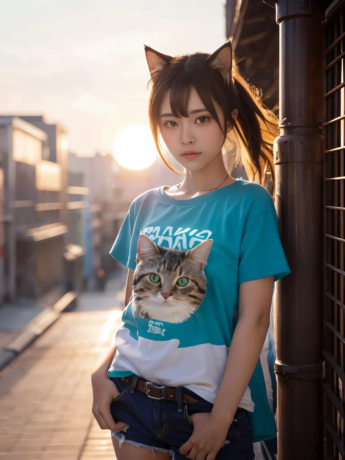 4K.HD. (Masterpiece, Best Quality, ) ,bokeh, a girl, Light brown beautiful hair, Light brown eyes, Plump breast, Blushed face, (cat ear:1.2), colourful t-shirt, (Japanese idle:1.6), holding a pretty cat, Looking at the viewer, (background is sunset wall street:1.4), (From below:1.6), cowboy shot