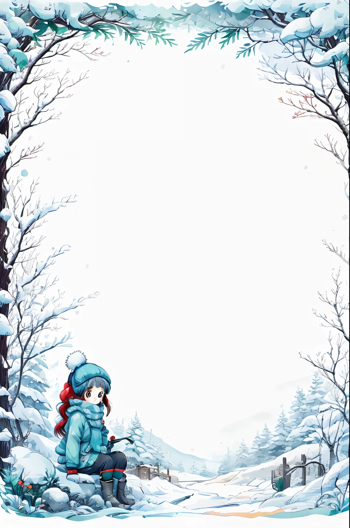 Winter Frame,2017,antlers,apple,artist name,bare tree,bear,berry,bird,blue headwear,bow,branch,candy cane,chicken,christmas,christmas ornaments,christmas tree,coat,earmuffs,fake antlers,footprints,fruit,hat,holly,ice,looking at viewer,mittens,mount fuji,mountain,no humans,outdoors,penguin,pine tree,polar bear,reindeer,reindeer antlers,santa hat,scarf,signature,smile,snot,snow,snowball,snowflake background,snowflakes,snowing,snowman,sparrow,traditional media,tree,water,watermark,white scarf,winter,winter clothes,blank middle