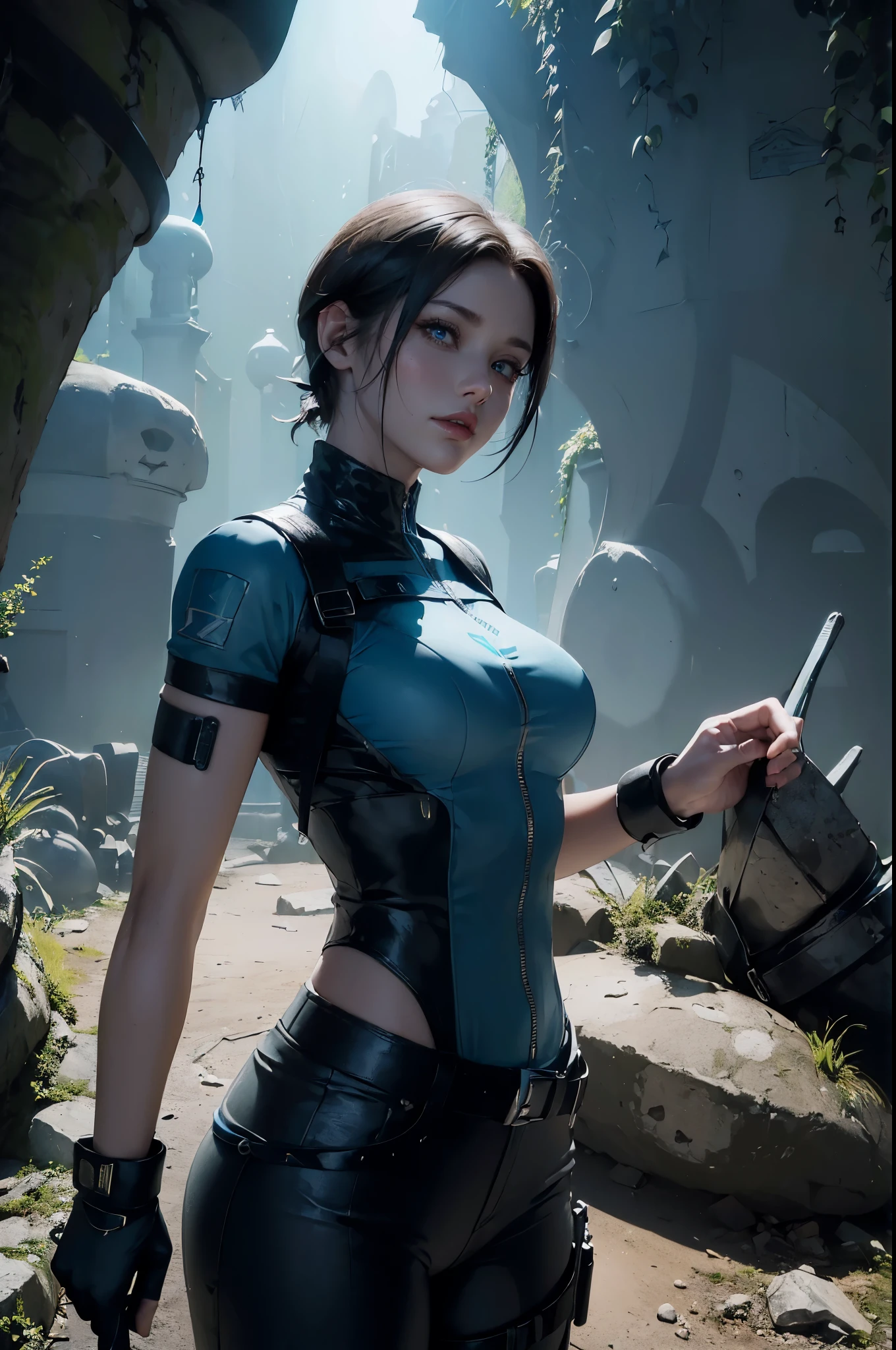 (((landscape of the catacombs))), a beautiful young explorer stood in the distance, ((wearing a jill valentine outfit))