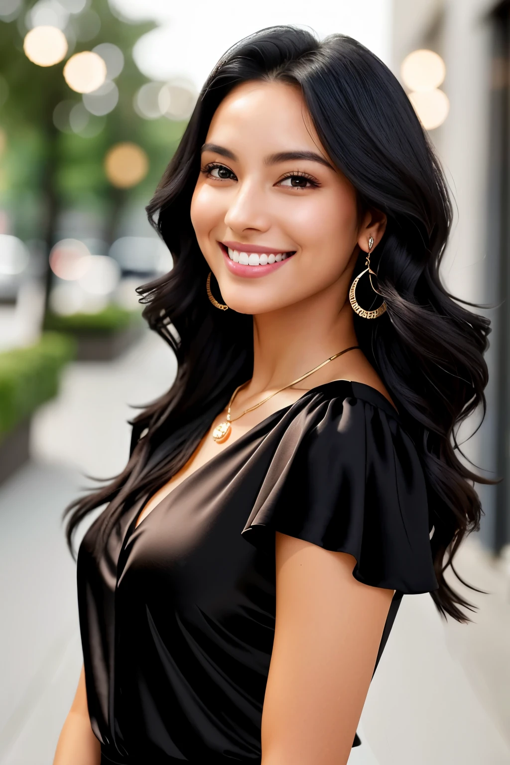 Silky, jet-black hair cascading down her shoulders, occasionally styled in loose waves for a touch of casual elegance and allure. A radiant and genuine smile graces her face, revealing perfectly aligned pearly whites and lighting up her features, conveying warmth, approachability, and charisma. Her complexion is flawless, with a natural glow that exudes confidence and vitality. The camera captures her in sharp detail, featuring a well-groomed and fashionable ensemble that showcases her personal style and meticulous attention to detail, complemented by an elegant accessory or two. The composition of the image is set in a high definition, 16:9 aspect ratio with a resolution