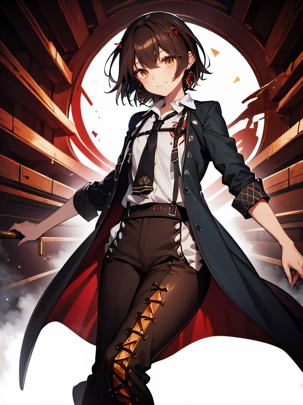 masterpiece, best quality, (dark brown middle hair), (red jewels hair accessories), (round amber eyes), mysterious smile, white shirt, black long thick tie, black long coat, brown loose pants