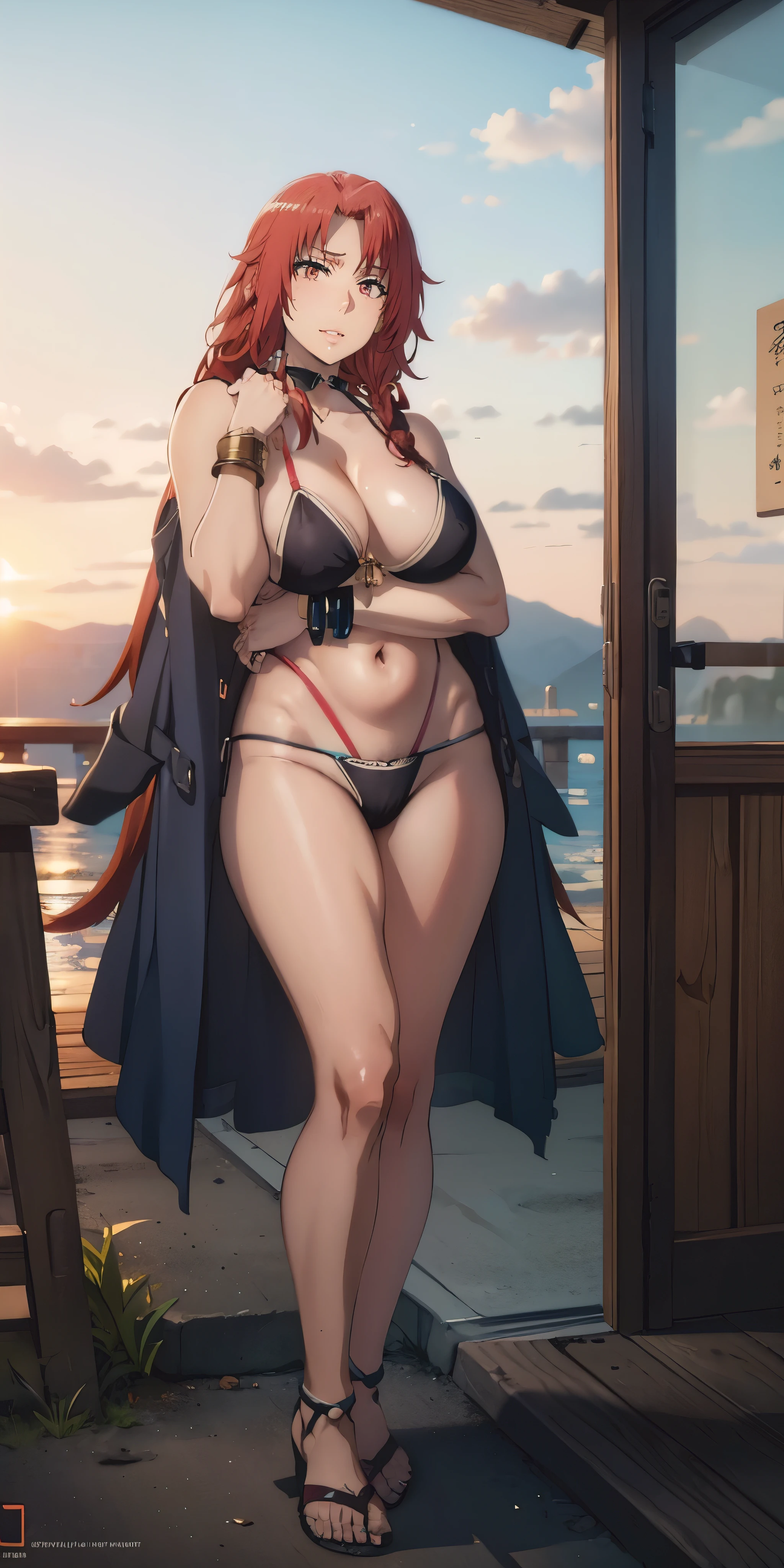 Iris, red hair, long hair, braid, red eyes, sweating, seductive smile, breasts, head rest, 1girl, swimsuit, cleavage, lying, bikini, sunset, collarbone, solo, sky, cloud, looking_at_viewer, choker, large_breasts, outdoors, mountain, bare_shoulders, barefoot, black_bikini, flower, sidelocks, beach, parted_lips, on_side, skirt, lips, thighs, jewelry, toes, bracelet, on_stomach, glow effects, godrays, Hand drawn, render, 8k, octane render, cinema 4d, blender, dark, atmospheric 4k ultra detailed, cinematic, Sharp focus, big depth of field, Masterpiece, colors, 3d octane render, 4k, concept art, trending on artstation, hyperrealistic, Vivid colors, extremely detailed CG unity 8k wallpaper, trending on CGSociety, Intricate, High Detail, dramatic"", head rest, (excessive pubic hair:1.4), steaming body, sweating