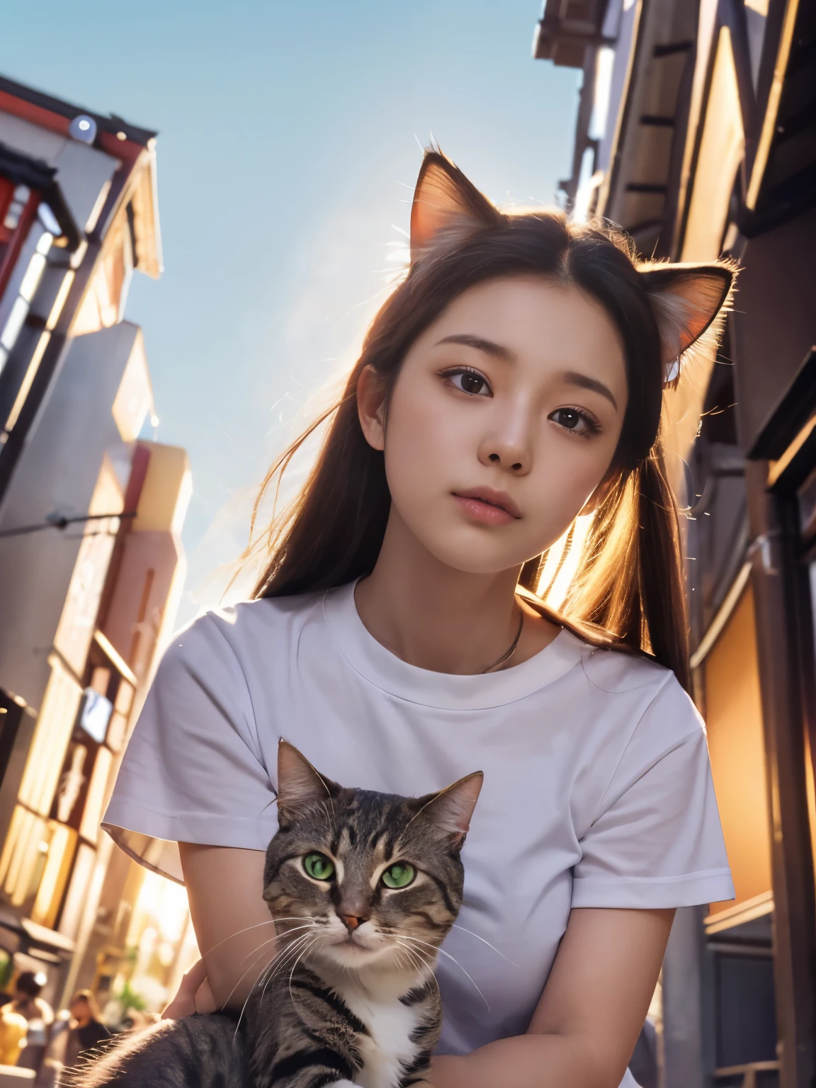 4K.HD. (Masterpiece, Best Quality, ) ,bokeh, a girl, Light brown beautiful hair, Light brown eyes, Plump breast, Blushed face, (cat ear:1.2), colourful t-shirt, (Japanese idle:1.6), holding a pretty cat, Looking at the viewer, (background is sunset wall street:1.4), (From below:1.6), cowboy shot