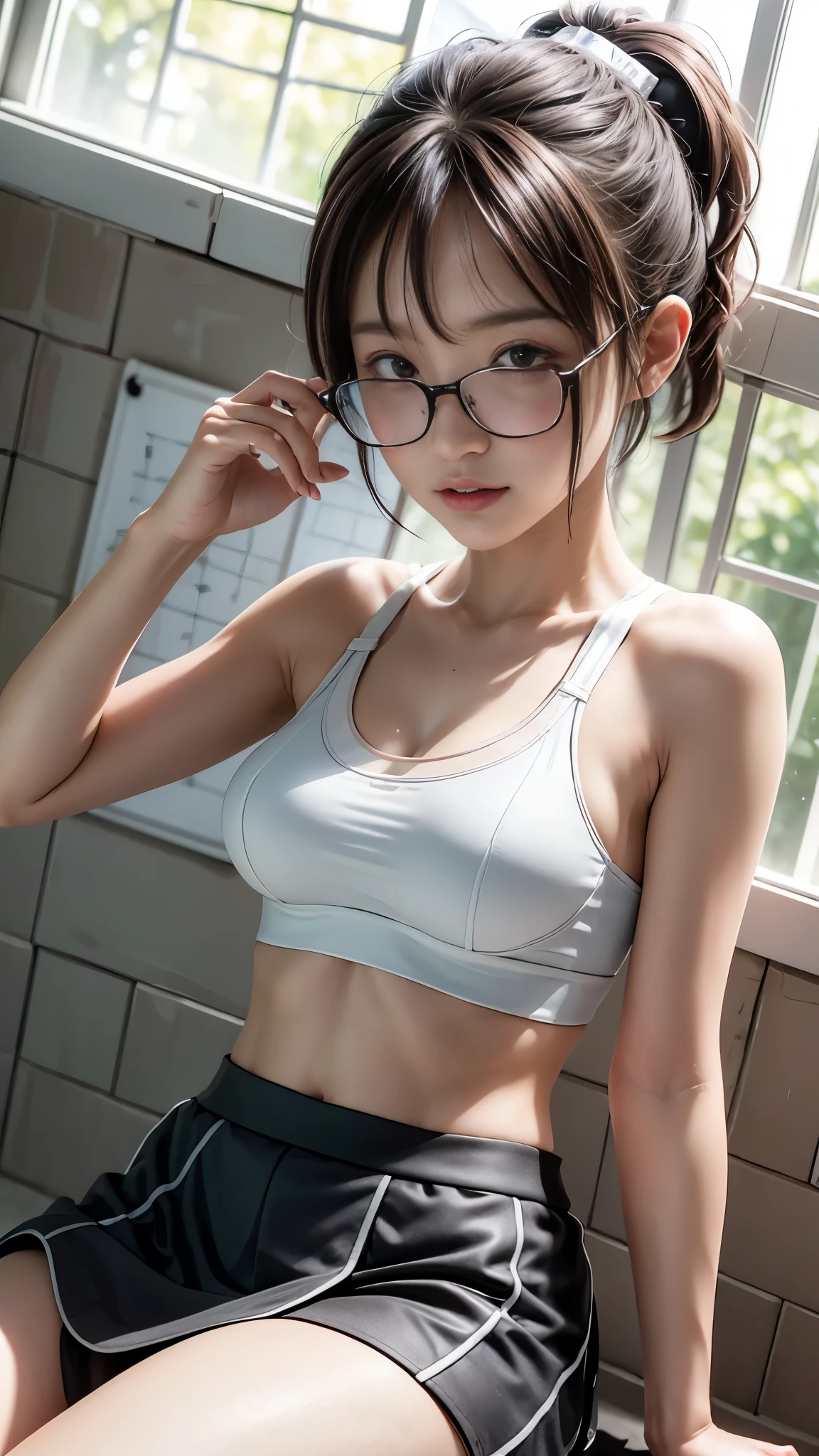 ((highest quality)), ((masterpiece)), (detailed:1.4), 。.。.。.3D, 美しいsports braとmini skirtの女性の画像,nffsw(high dynamic range),ray tracing,NVIDIA RTX,super resolution,unreal 5,Scattered beneath the surface,PBR texturing,post processing,anisotropic filtering,Depth of bounds written,maximum clarity and sharpness,multilayer texture,Albedo and specular maps,surface shading,Accurate simulation of light-matter interactions,perfect proportions,octane rendering,two-tone lighting,wide aperture,Low ISO、White balance、Rule of thirds、8K students、((Englishman))(((sports bra,mini skirt)))(((brown hair)))(((training room))((glasses))