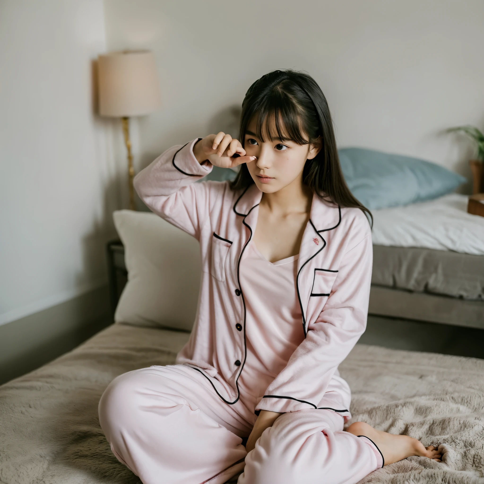 Japanese girl in pajama, short cut hair, round glasses, masterpiece