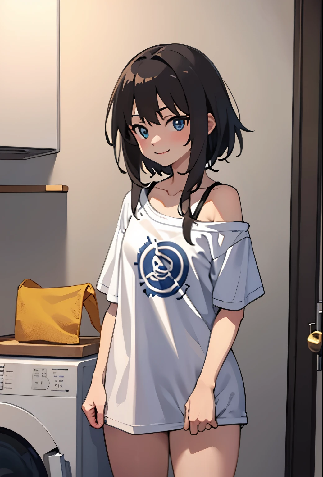 (beste-Qualit, 8K, 12), 1 girl, (megumin), black hair, the perfect body, ultra detail face, detailed lips, (((very small ))), blue eyes, cleavage, looking at viewer, lewd smile, ((oversize tshirt)), off shoulders, no pants, washing machines, thighs, ((white t shirt)), standing, hands on waist, strap, cowboy shot, close up, laundry room