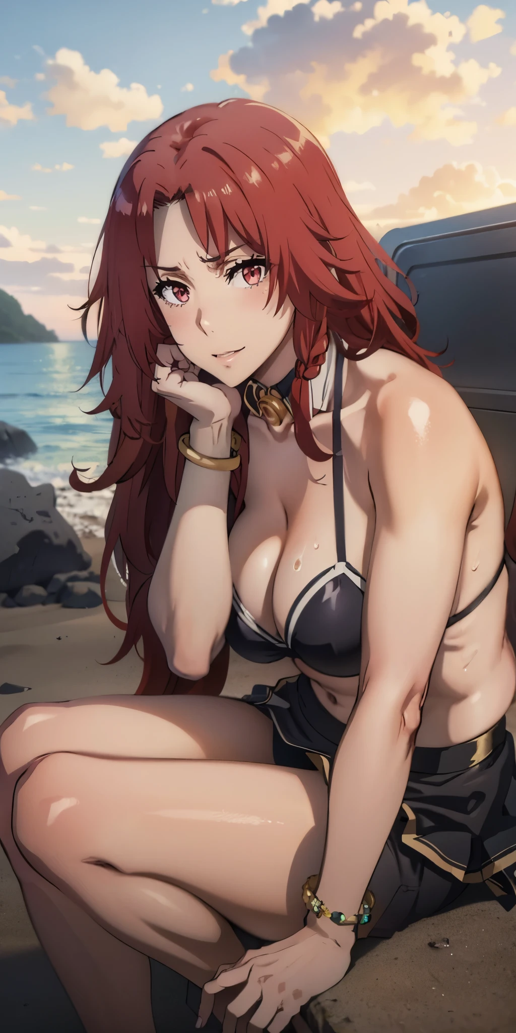 Iris, red hair, long hair, braid, red eyes, sweating, seductive smile, breasts, head rest, 1girl, swimsuit, cleavage, lying, bikini, sunset, collarbone, solo, sky, cloud, looking_at_viewer, choker, large_breasts, outdoors, mountain, bare_shoulders, barefoot, black_bikini, flower, sidelocks, beach, parted_lips, on_side, skirt, lips, thighs, jewelry, toes, bracelet, on_stomach, glow effects, godrays, Hand drawn, render, 8k, octane render, cinema 4d, blender, dark, atmospheric 4k ultra detailed, cinematic, Sharp focus, big depth of field, Masterpiece, colors, 3d octane render, 4k, concept art, trending on artstation, hyperrealistic, Vivid colors, extremely detailed CG unity 8k wallpaper, trending on CGSociety, Intricate, High Detail, dramatic"", head rest, (excessive pubic hair:1.4), steaming body, sweating