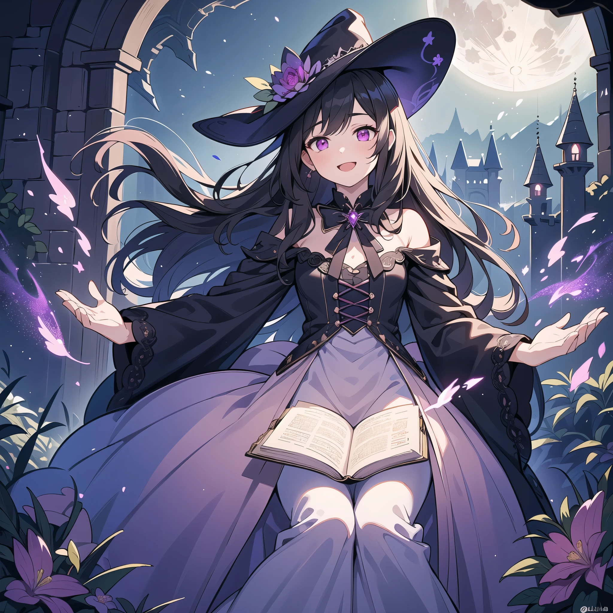 (best quality,4k,8k,highres,masterpiece:1.2),ultra-detailed,(realistic,photorealistic,photo-realistic:1.37), a teenage boy joins a witch coven and he’s given the gift of femininity, he gets magically transformed into a cute teenage witch girl, sex change ritual, pink eyes, long black hair, is happy, stunning black Victorian dress, gorgeous dress design,flowing gown,elaborate lace details,rich textures,contrast stitching,delicate ribbon bows,floral accents,full skirt,high neckline,long sleeves,fitted waistline,flared cuffs,lace-up back,luxurious fabrics,flawless silhouette,high heels,pointy hat, magical transformation, detailed facial features, glowing and vibrant pink eyes, flowing and glossy long black hair, happy and excited expression, joyful and radiant vibe, embrace her new identity has a maiden of witchcraft, eager to learn magic, surrounded by a mystical aura, spell books and potions in the background, inside an abandoned castle, moonlit night with a full moon shining above, soft and ethereal lighting, a group of friendly witches welcoming the new girl into the coven, joyful celebration and magical rituals, feminine and elegant movements, a cauldron overflowing with sparkles and magical essence, black and purple hues dominating the color palette, whimsical and enchanting atmosphere, breathtaking and bewitching nature, a sense of empowerment and self-discovery.