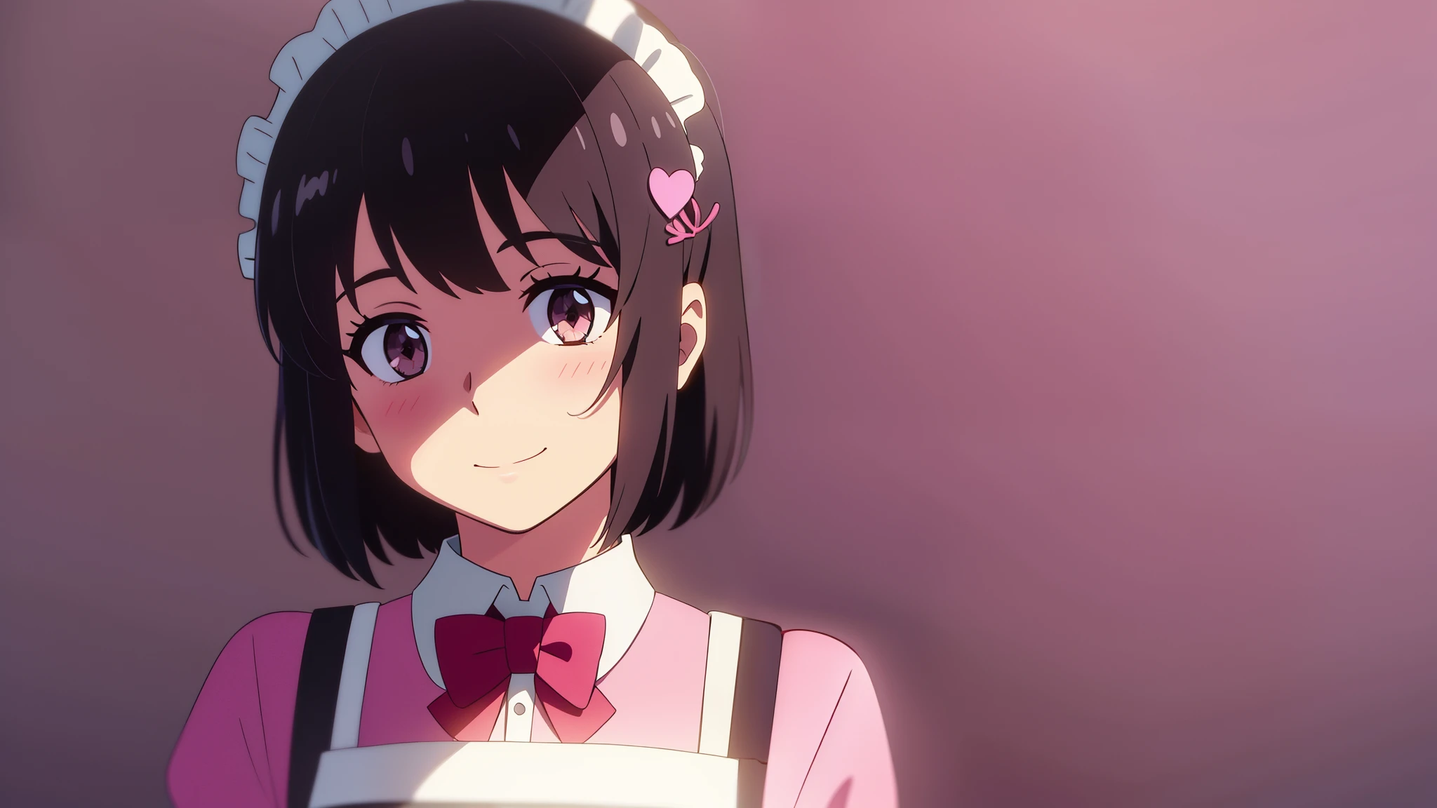 shinkai makoto, kimi no na wa., 1girl, bangs, black hair, blush, bright eyes, brown eyes, bow, ribbon, short hair, smile, cute, beautiful, shiny skin, looking at viewer, solo, maid clothes, maid headdress, short dress, frills, hair ornament, heart, short sleeves, upper body, pink background, far away