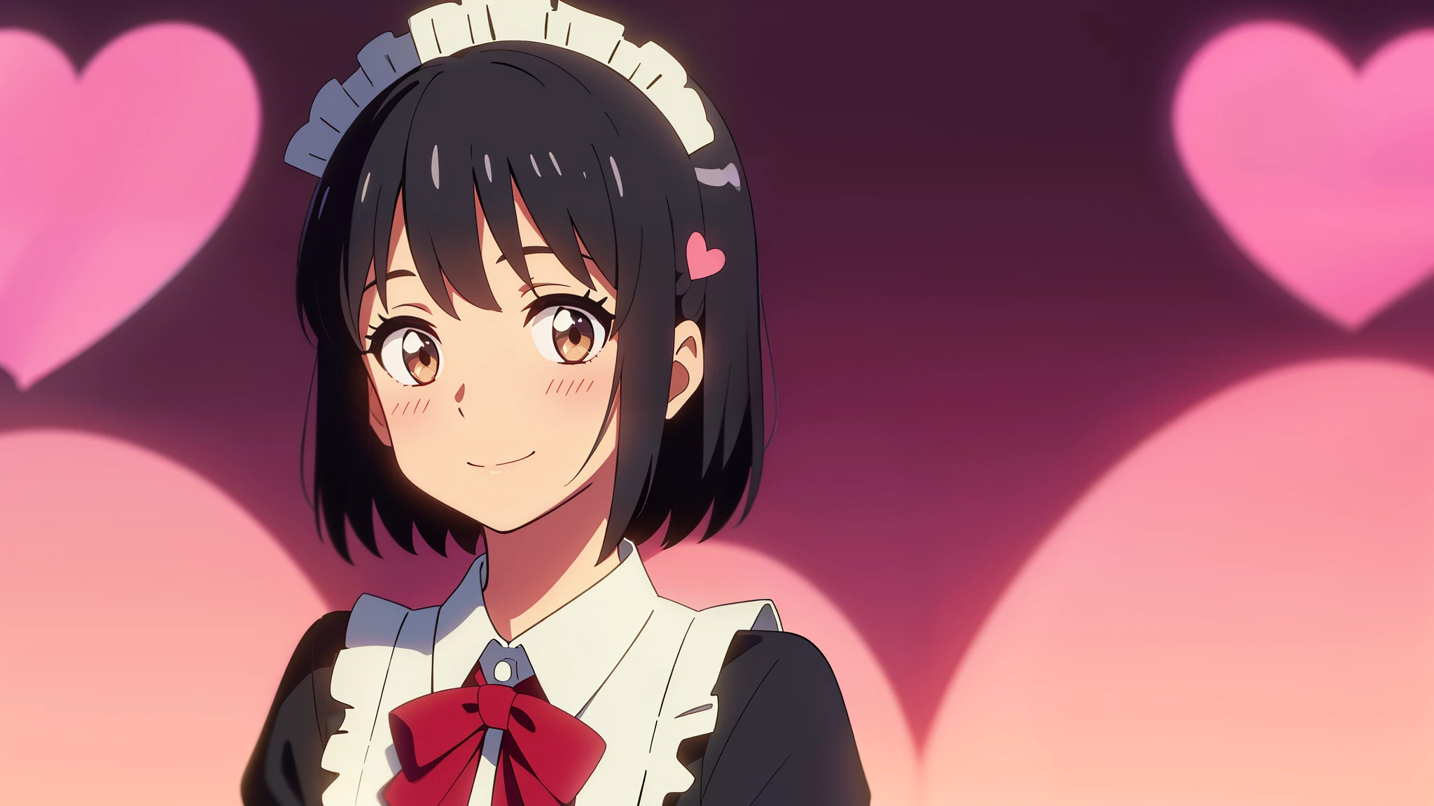 shinkai makoto, kimi no na wa., 1girl, bangs, black hair, blush, bright eyes, brown eyes, bow, ribbon, short hair, smile, cute, beautiful, shiny skin, looking at viewer, solo, maid clothes, maid headdress, short dress, frills, hair ornament, heart, short sleeves, upper body, valentine background, far away