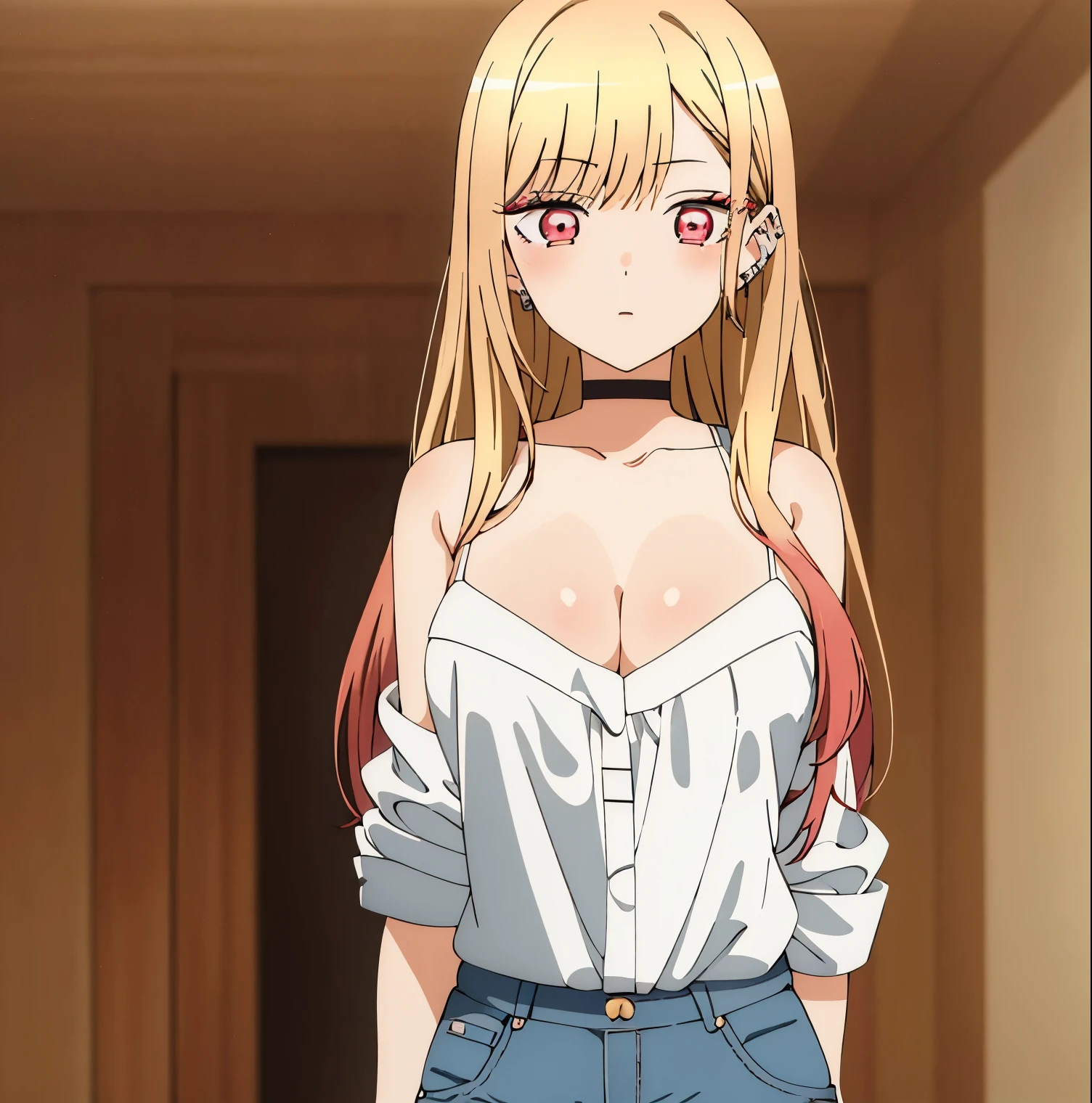 1girl,Sola,Marin Kitagawa (masterpiece,Best quality),beautiful girl,blonde hair,long hairs,pink tips,choker,piercing,earrings,long hair,piercing,(red eyes:1.5),straight hair,swept bangs, Big breast, white top with thin straps, cleavage, blue jeans shorts, medium, exquisite images, high definition, masterpiece, best quality, looking at the viewer, looking at the viewer, perfect anatomy, perfect hands