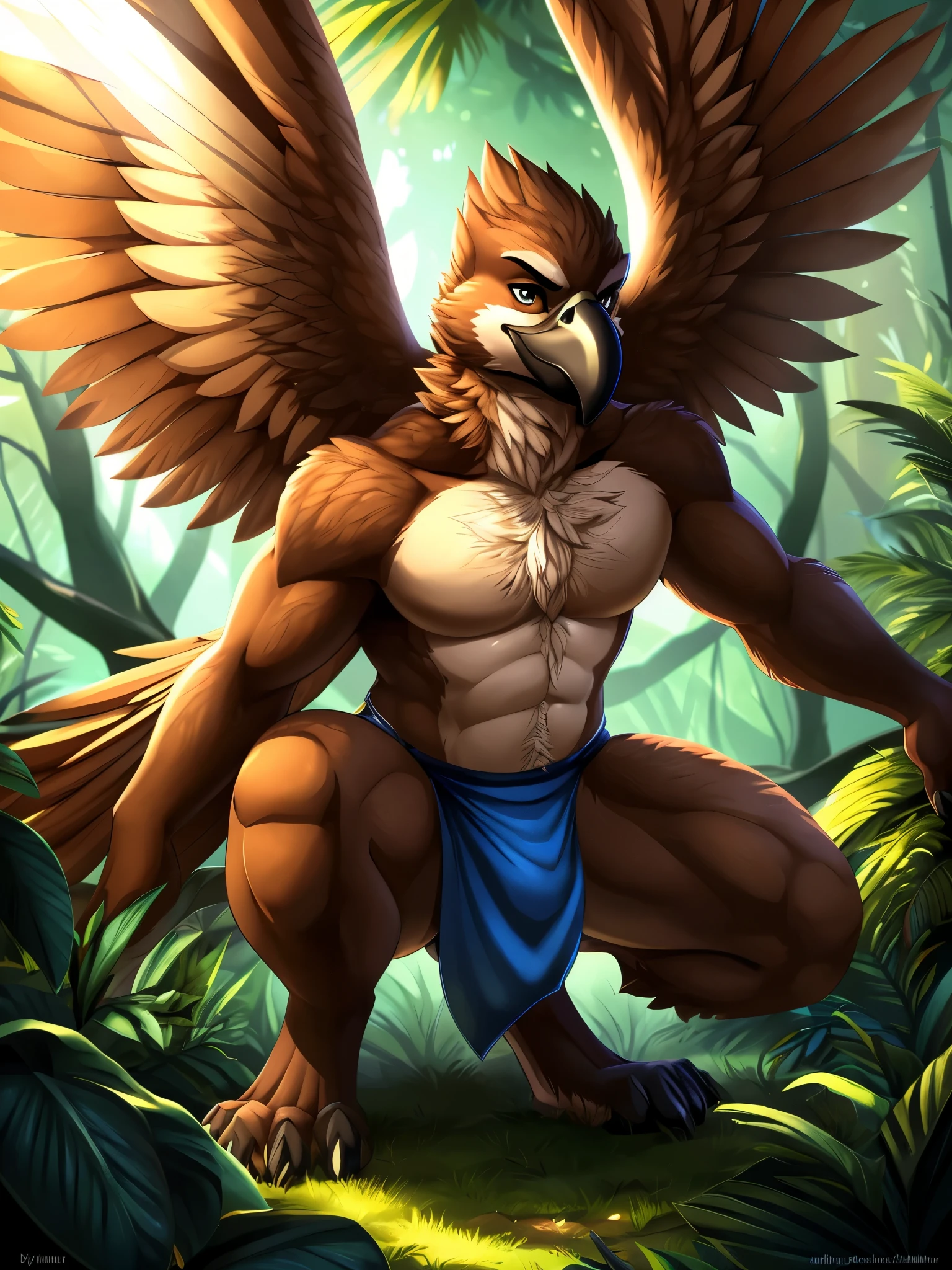 masterpiece,best quality,detailed background,hi res, by diasuke77, by Kyubbi Arts, by roanoak, by hinarmiler, solo,solo focus,male,male focus,anthro,avian,bird,falcon,(athletic), (brown fur,brown body,white eyebrows:1.3, brown tail, brown furry chest hair, brown feathers, brown spread wings on back, black beak),looking at viewer, detailed eyes,black eyes,humanoid hands, (blue loincloth only), (warrior), (crotch bulge), (crouching dynamic pose, half-length portrait, looking at viewer:1.3), BREAK, (forest jungle, outside, yellow light, blue light), detailed background, depth of field, shadow, sunlight, ambient silhouette, backlighting, masterpiece, best quality, 4k, 2k, shaded, (high detail:1.3), absurd res