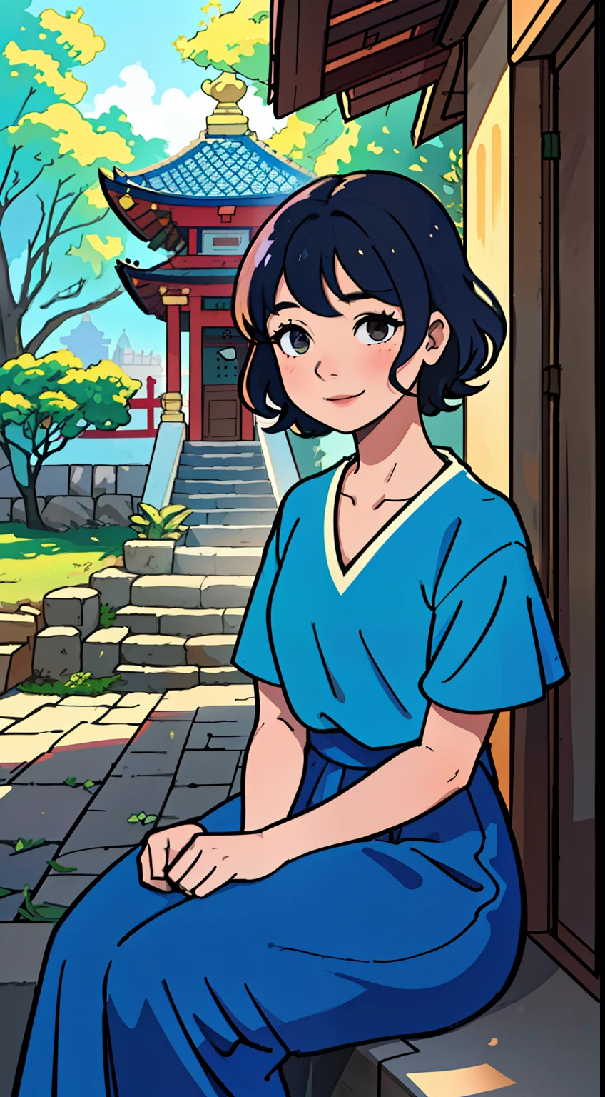 Sayudef, a charming young woman with short, curly hair and a radiant smile, is seated on the stairs of a quaint old temple in the heart of a village. The sun casts dappled light through the trees, illuminating her rosy cheeks with a gentle blush. The simple background of the village scene is bathed in moody, soft lights, and the bright blue sky peeks through the temple archway above her. With a serene expression, she looks directly at the audience, inviting them into her peaceful world. The daytime scene is filled with a sense of tranquility and stillness, with the sun casting long shadows on the temple steps and the gentle rustling of leaves