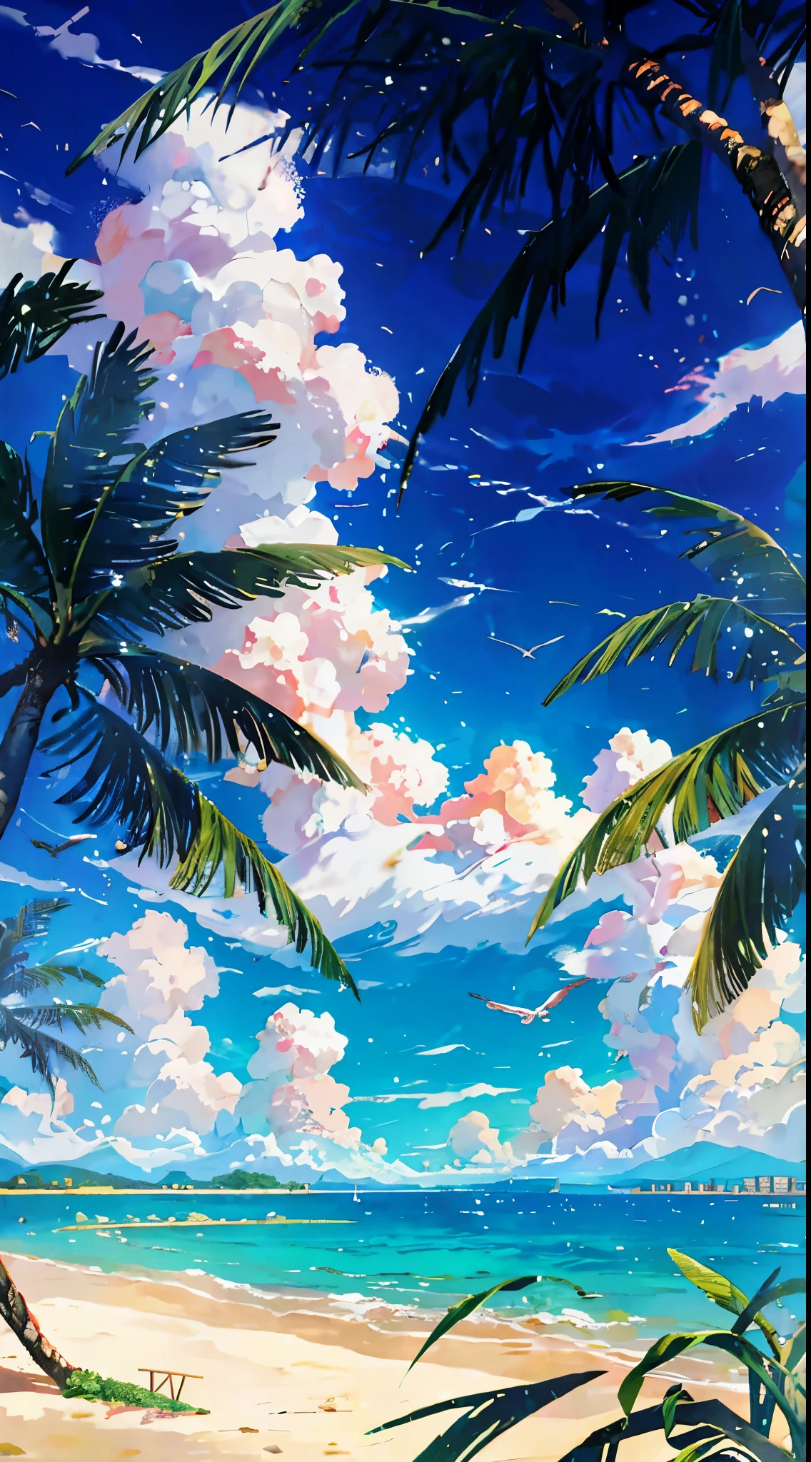 Anime style，the sea，sea beach，coconut palms，seagulls，baiyun，A small island in the distance