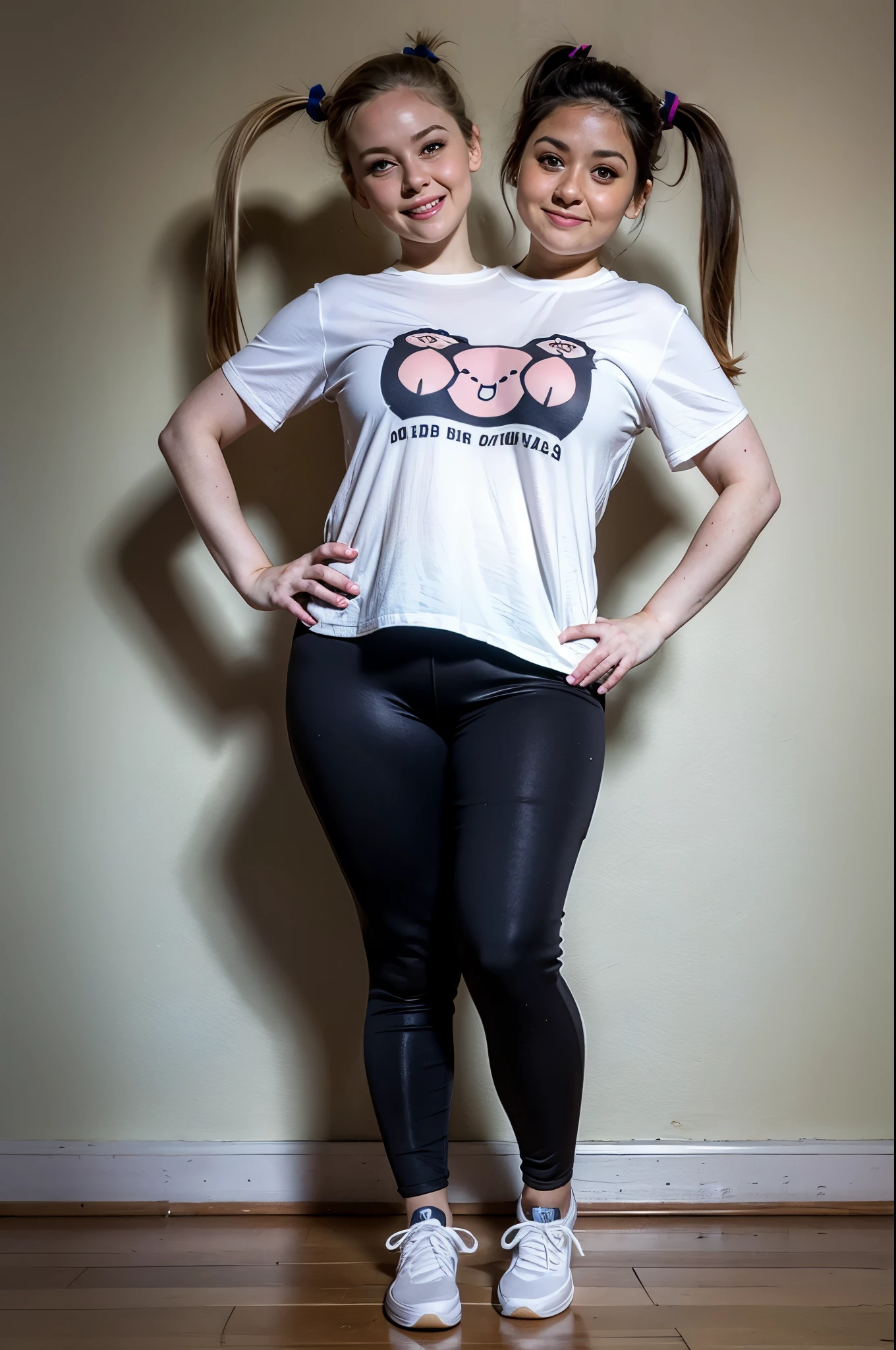 2heads, two headed girl, age 23, chubby, oversized t shirt, leggings, sneakers, pale skin, pigtails,
