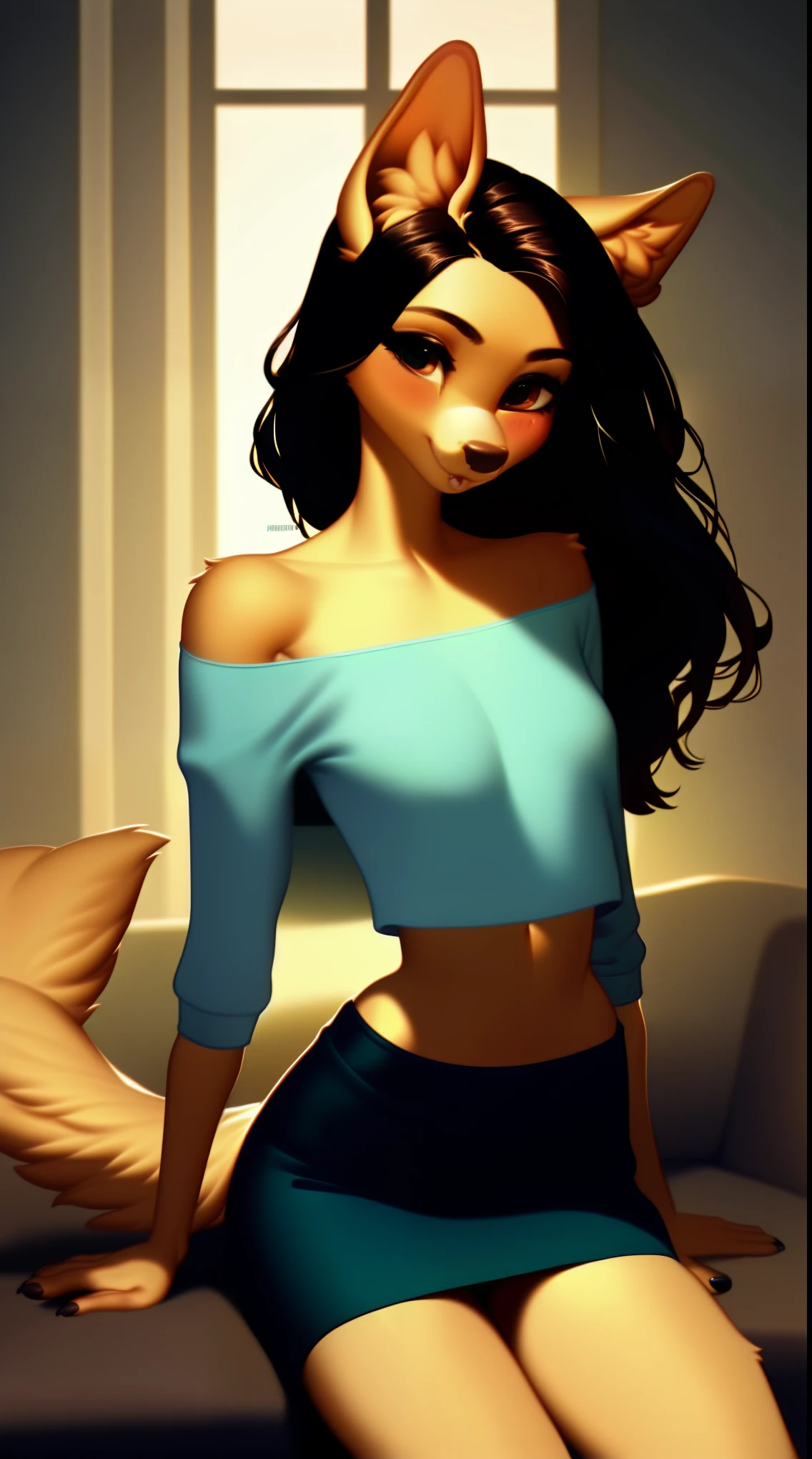 (score_9), (source_ derpibooru_p_95),m, ((cute anthro canine :1.1)), (shoulderless shirt, cute skirt), blushing, young ager, innocent look, solo, long dark hair, anatomically correct, flat chest , high res, extremely detailed, adorable, ribs, hip bones, living room, 1girl, absurd resolution, moonlight, cute nose, cute snout, realistic hair, fluffy ears, skinny waist, perfect,