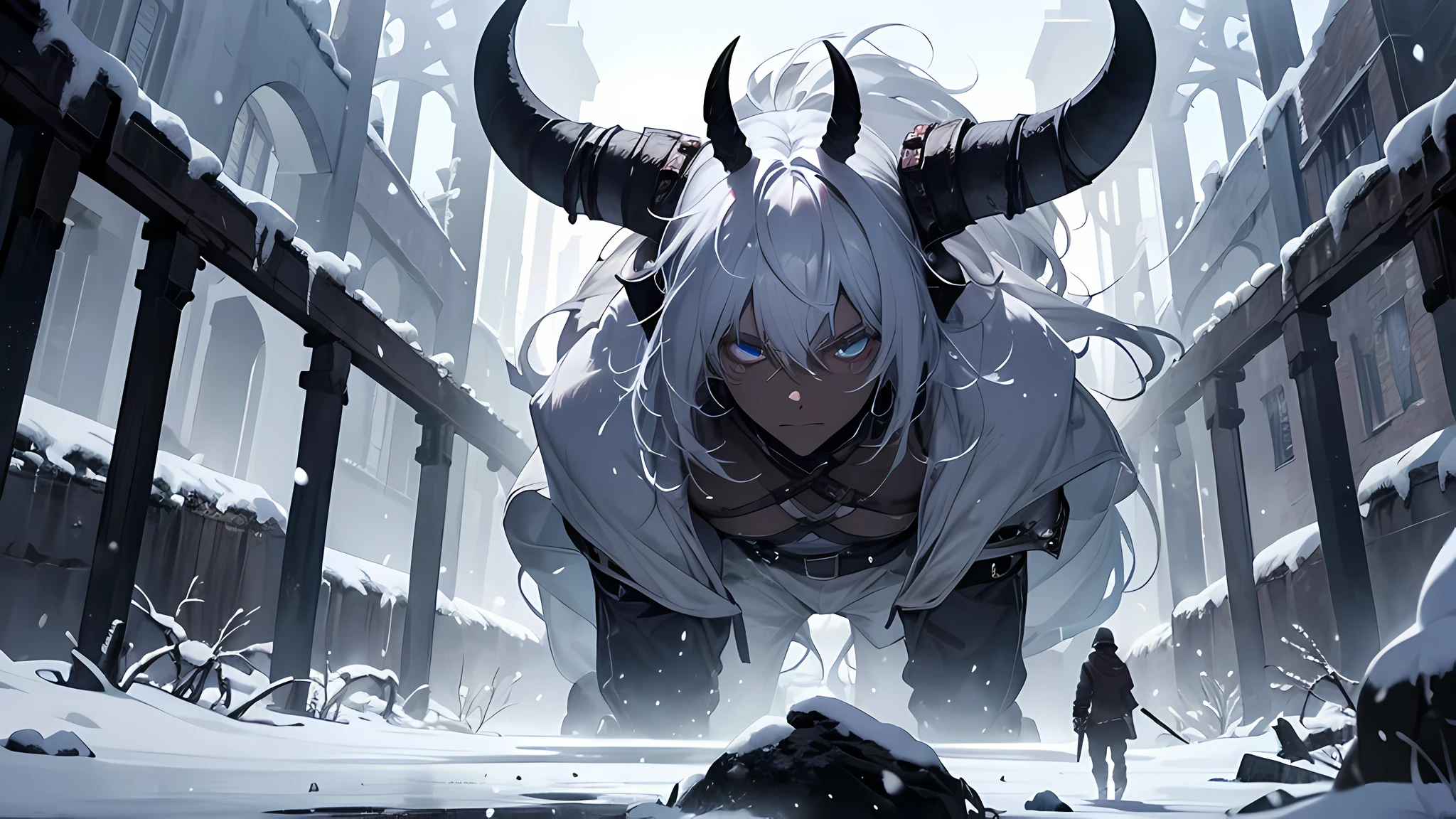 An epic scene in a desolate village reduced to ruin, it is snowing and there is a young white-haired boy who even bruised and bleeding holds a sword and faces a giant demon with dark skin and big horns, perfect face, perfect eyes, perfect body
