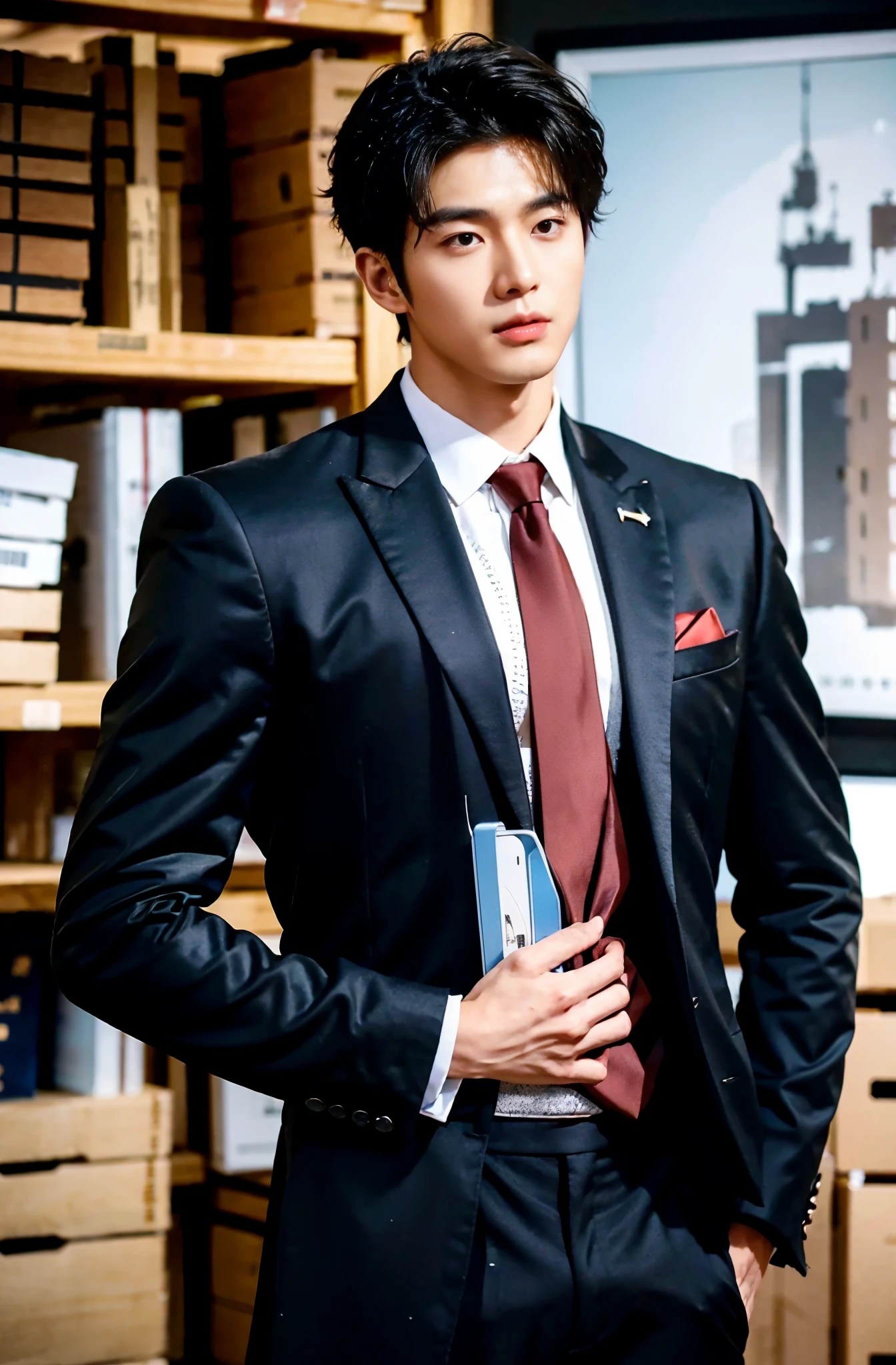 1 handsome Korean guy，27 years old，lawyer，Who is Shi Yu??, Li Yuanbin，Kim Hyung Tae,  Kim Hyung Tae, Chi Changxu，Handsome，Width shoulders and thin waist，Handsome guy wearing a black suit and a red tie，The neckline is slightly open, Form-fitting fabric contours the bust，in a remote warehouse，hands tied behind back。hands tied behind back，Masculine and handsome，High，Muscles look good，hairy body，Wheat complexion，black eyes（thin eyes 1：3），whole body image