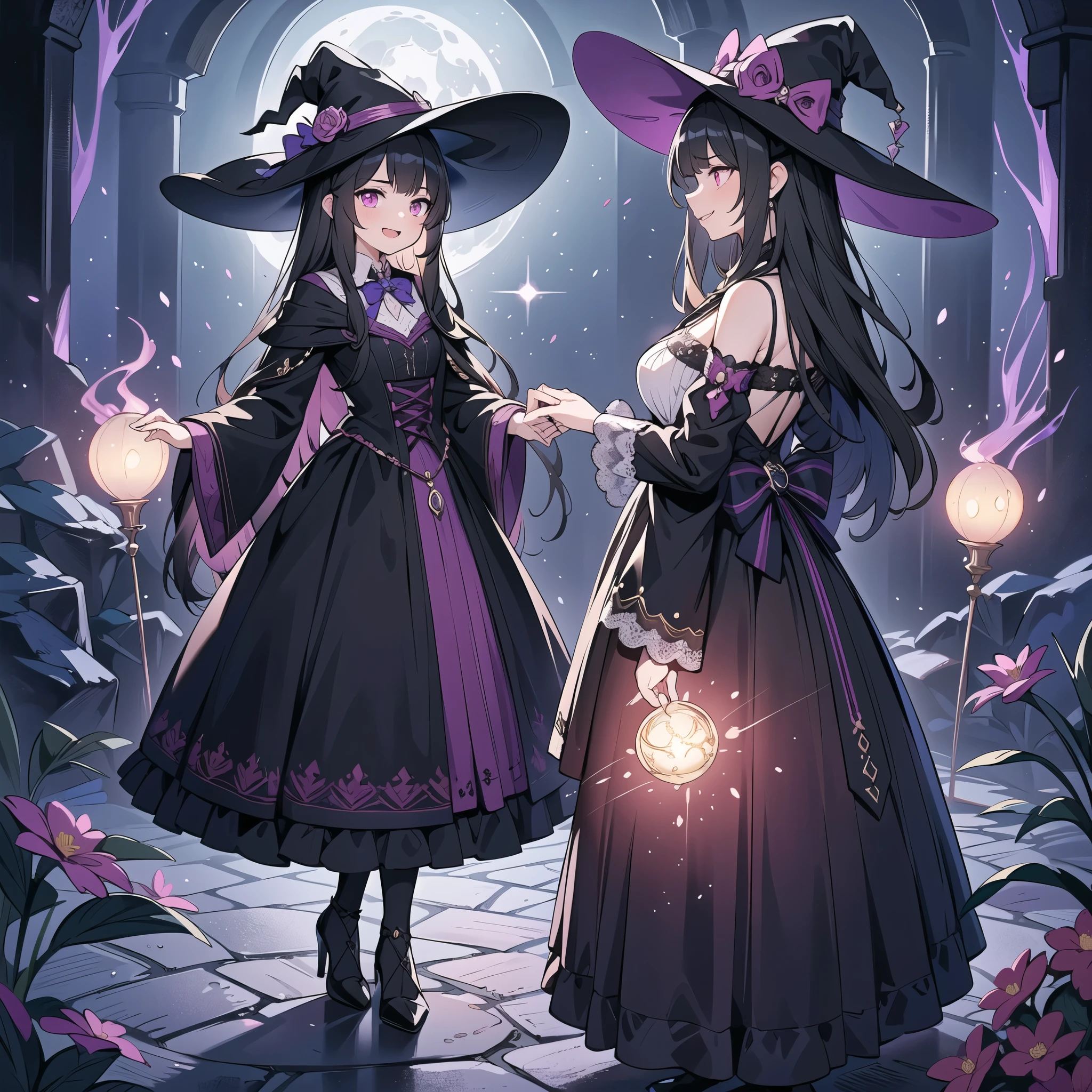 (best quality,4k,8k,highres,masterpiece:1.2),ultra-detailed,(realistic,photorealistic,photo-realistic:1.37), a boy joins a witch coven and he’s given the gift of femininity, he gets magically transformed into a cute teenage witch girl, sex change ritual, pink eyes, long black hair, is happy, stunning black Victorian dress, gorgeous dress design,flowing gown,elaborate lace details,rich textures,contrast stitching,delicate ribbon bows,floral accents,full skirt,high neckline,long sleeves,fitted waistline,flared cuffs,lace-up back,luxurious fabrics,flawless silhouette,high heels,pointy hat, magical transformation, detailed facial features, glowing and vibrant pink eyes, flowing and glossy long black hair, happy and excited expression, joyful and radiant vibe, embrace her new identity has a maiden of witchcraft, eager to learn magic, surrounded by a mystical aura, spell books and potions in the background, inside an abandoned castle, moonlit night with a full moon shining above, soft and ethereal lighting, a group of friendly witches welcoming the new girl into the coven, joyful celebration and magical rituals, feminine and elegant movements, a cauldron overflowing with sparkles and magical essence, black and purple hues dominating the color palette, whimsical and enchanting atmosphere, breathtaking and bewitching nature, a sense of empowerment and self-discovery.