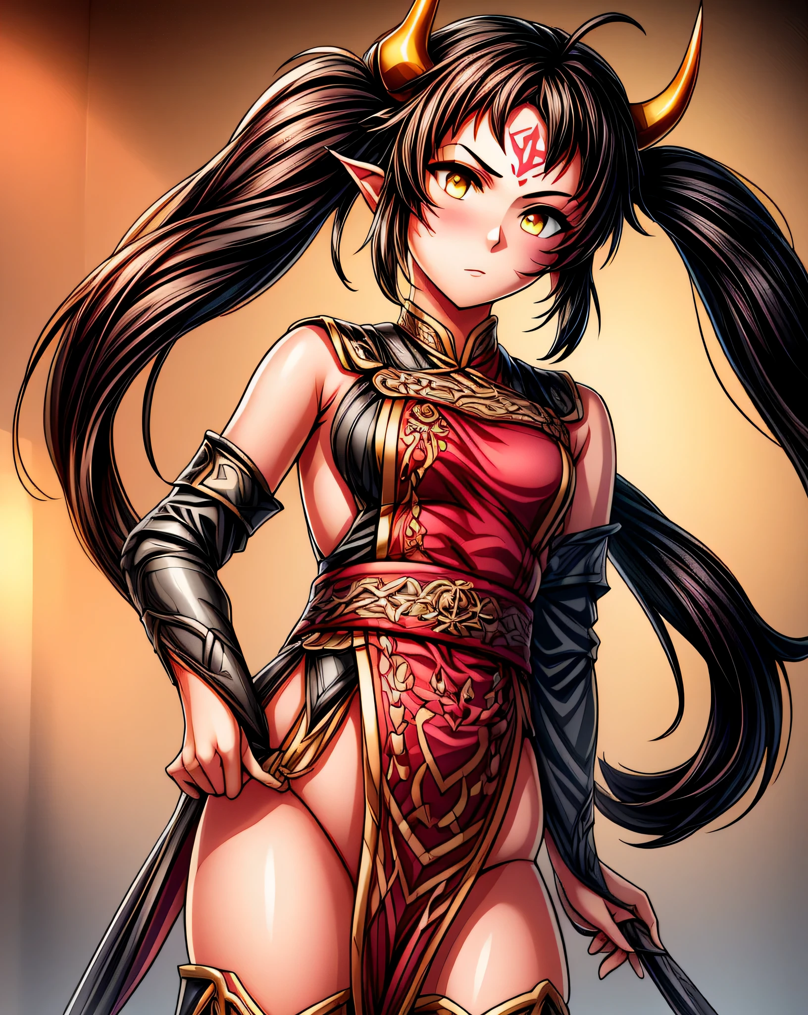 e7 ARavi, yellow eyes, red mark in forehead, black hair, (low twintails coming from under the ears) with yellow ribbons, small breasts, black small bull horns, (long red chinese tabard), black sorts, nothing under the tabard, naked under tabard, (masterpiece), best quality, highres, 4k, 8k, Detailed Illustration, intricate detail, cinematic lighting, amazing quality, 1girl, fit female, amazing shading, soft lighting, facing camera, perfect eyes,
