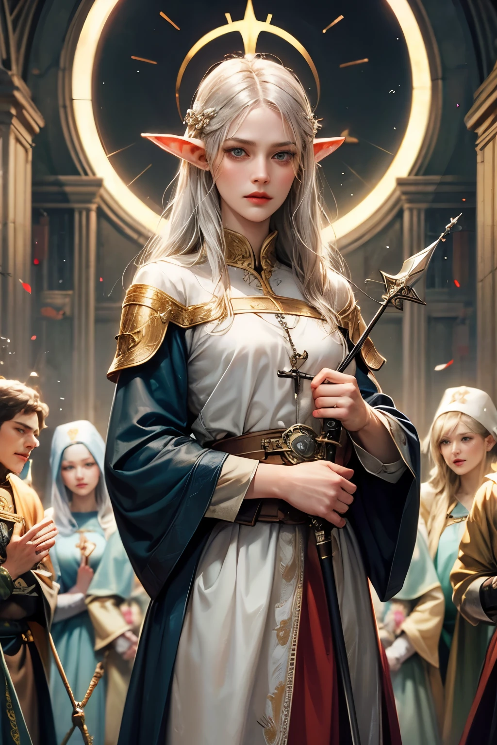 elf, gray hair, blue eyes, religious, saint, halo on the head, praying, praising, worn clothes, medieval times, martyrdom, blood, arrow pierced through the body, public square, angry mob, sad, sacrifice