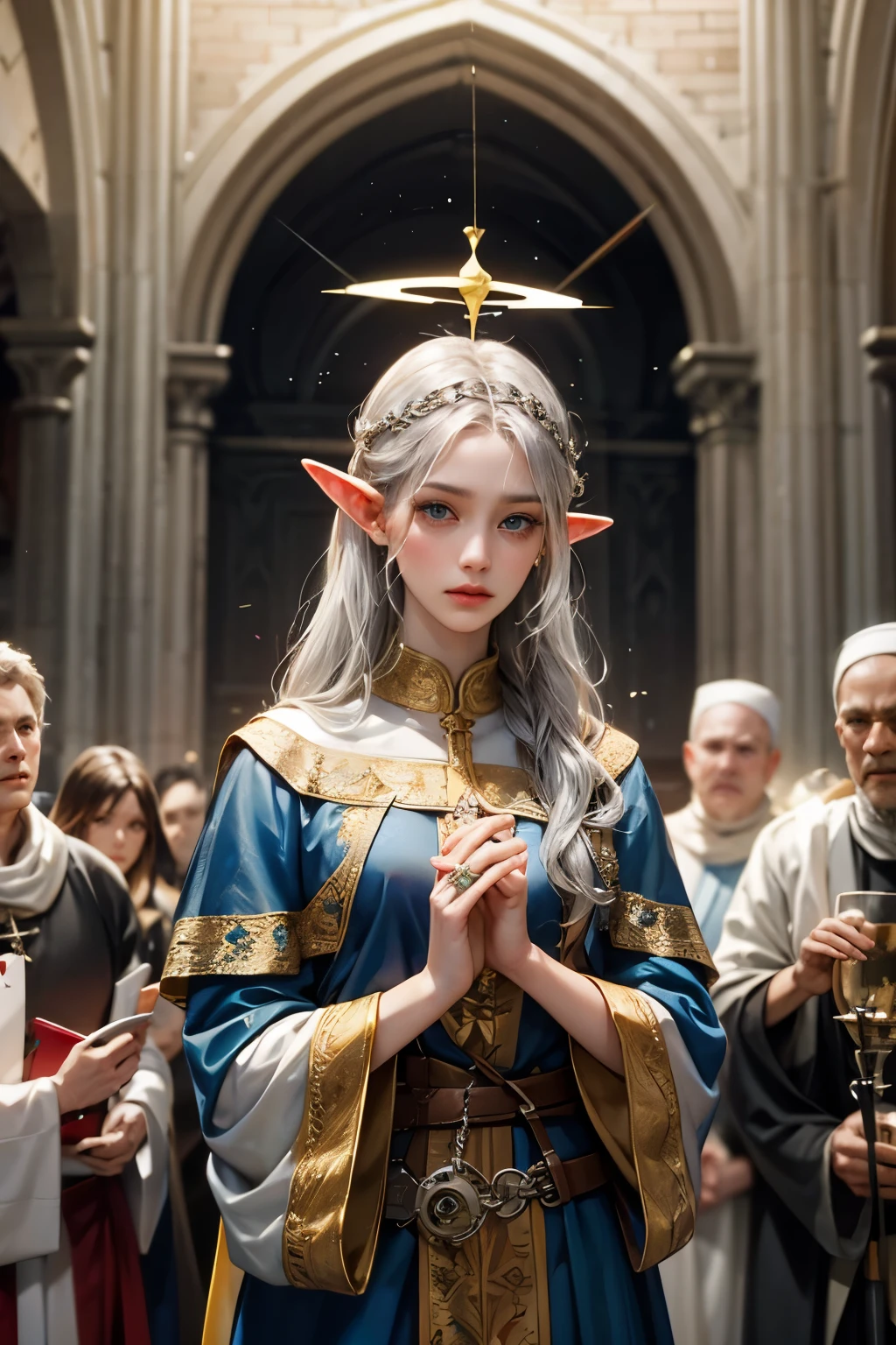 elf, gray hair, blue eyes, religious, saint, halo on the head, praying, praising, worn clothes, medieval times, martyrdom, blood, arrow pierced through the body, public square, angry mob, sad, sacrifice