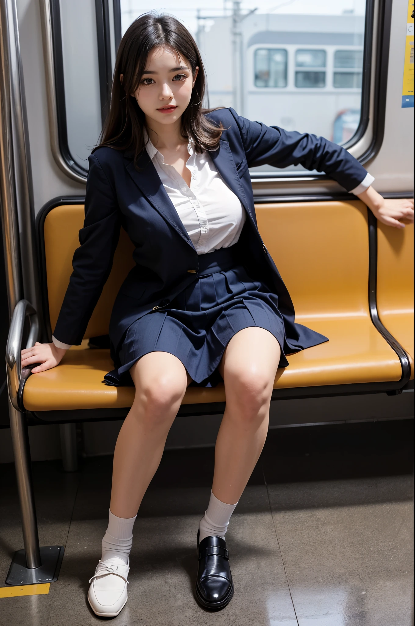 (((Sit well))), Beautiful Japanese woman sitting on a train seat, Taken from the opposite seat, Knee height seat, View Photographer, Tall Woman, One Woman, Full body to toes, (A happy expression to see), skirt, High heels, Wearing pantyhose, ((Highest quality)), ((Intricate details)), ((Surreal)), Mature Woman, Very detailed, (Extremely large breasts bigger than a face), Perfect hands, Finger details, Beautiful and detailed, Long black hair, Brown eyes, Detailed Background, Perfect Eyes, Captivating eyes, Random Hairstyles