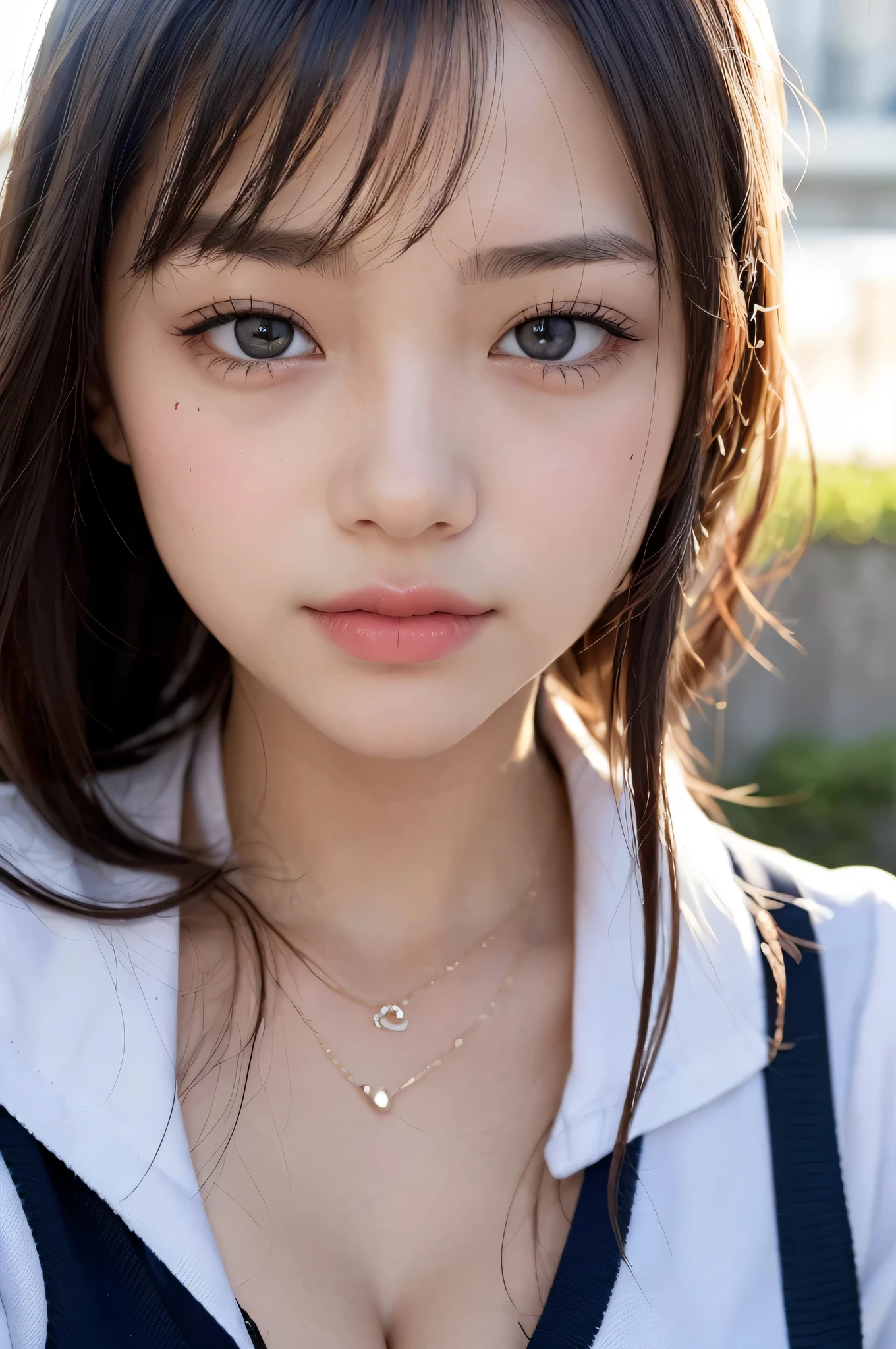 (1 nogizaka girl,15years old face,raw photo,photo realistic:1.5),(best quality, high quality,HDR, highest quality,ultra high resolution,high resolution,high res,ultra high difinition,huge file size,8K,2K wallpaper,8K wallpaper,high quality texture,amazing,an extremely delicate:1.4),one girl, Japanese famous idol,cute face,small face,absurd,ridiculous,incredibly ridiculous,blurry background,(school uniform,sailor suit,short hair,cleavage,no makeup:1.2),medium skin,beautiful skin,detailed skin,black hair,silky hair,black eyes,Japanese nose,5-fingers,(Light Particles, Lens Flare, Luminous Particles: 0.7),looking at viewer,bright lighting,professional lighting,girl