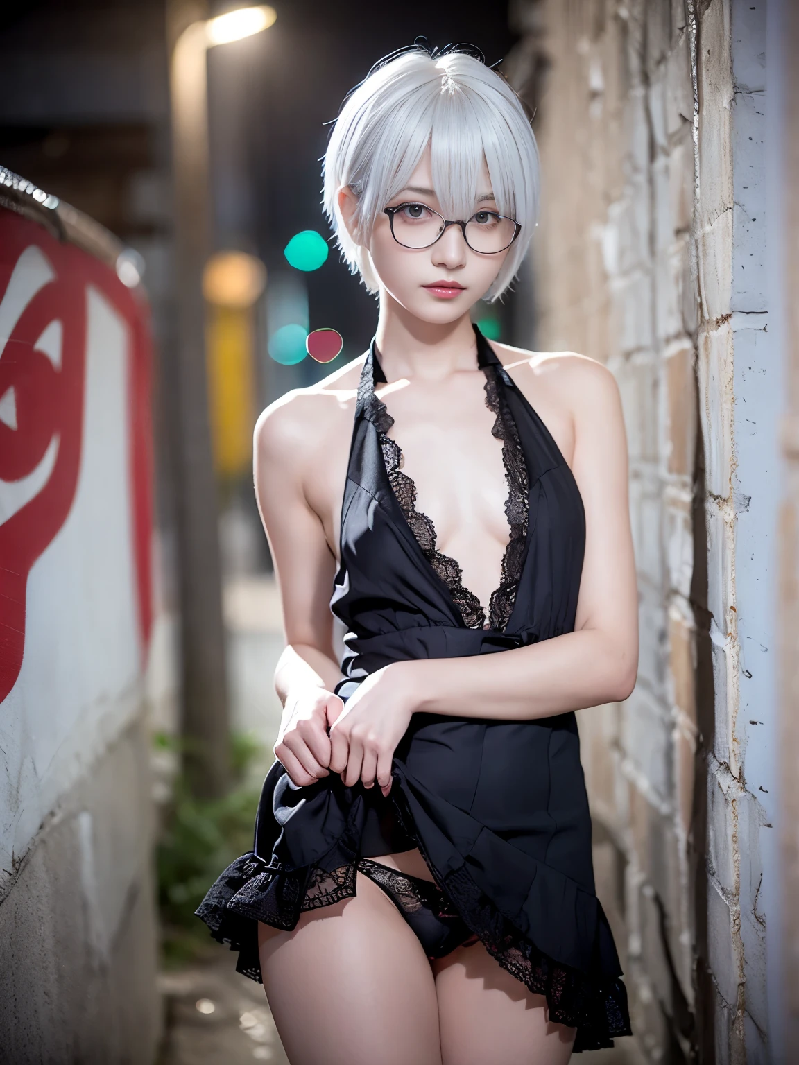 raw photo, 8k, (top-quality), Realistic, (real picture, Intricate details), (natural skin texture, detailed skin, hyper realism, sharpness), (Japanese age girl standing in a dirty back alley at night, graffitied wall:1.3, skirtlift), ((black lace dress, sleeveless, black thongs)), (black collar), (((flat chest:1.5))), (pale skin:1.2), ((white hair, shorthair, short bangs)), (glasses, seductive face, provocative look, Parted lips:1.3), thigh, graffiti:1.5, trash can, night time, spot lighting:1.3, Full body shot