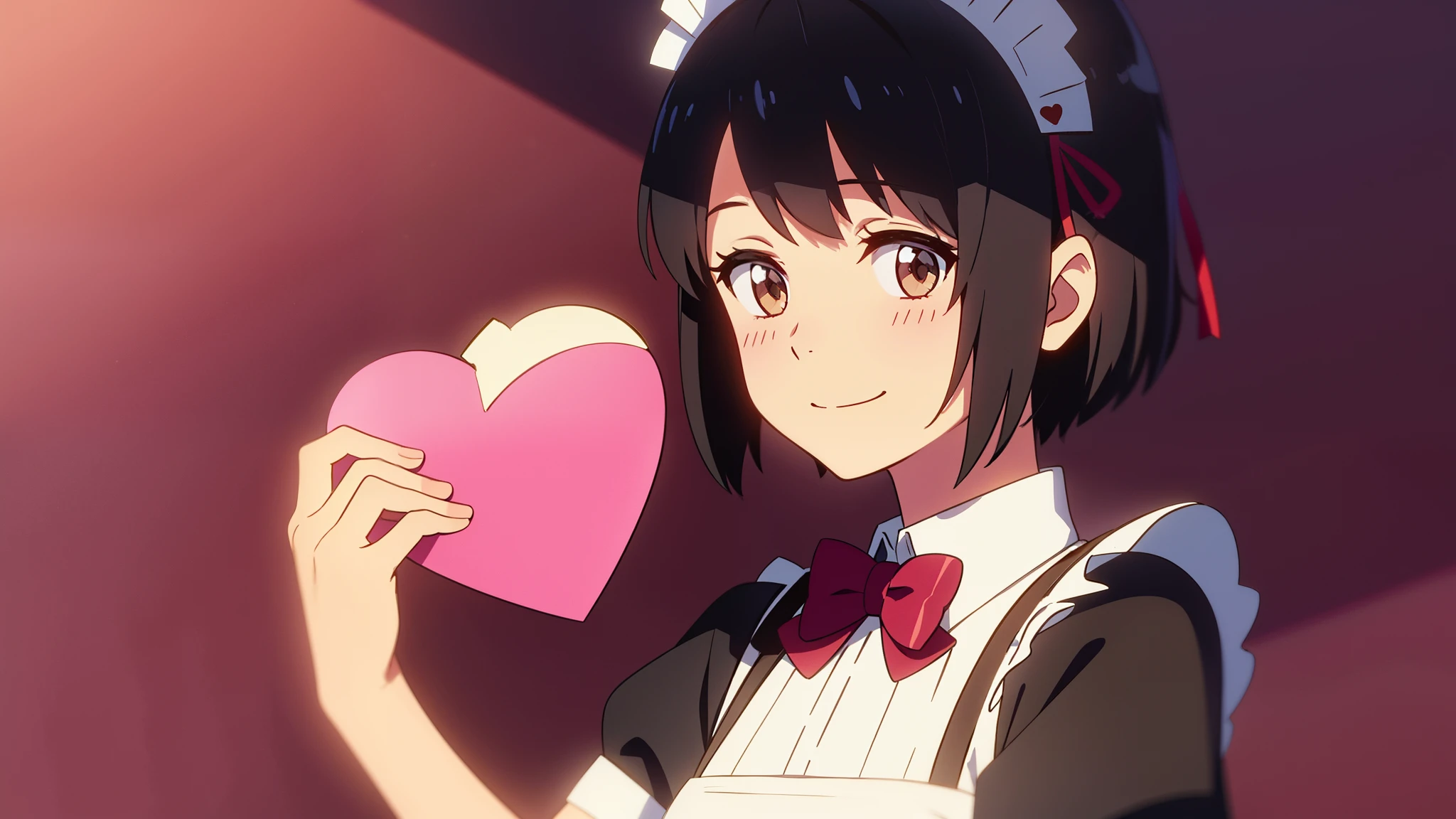 shinkai makoto, kimi no na wa., 1girl, bangs, black hair, blush, bright eyes, brown eyes, bow, ribbon, short hair, smile, cute, beautiful, shiny skin, looking at viewer, solo, maid clothes, maid headdress, short dress, frills, hair ornament, heart, short sleeves, upper body, valentine background, far away