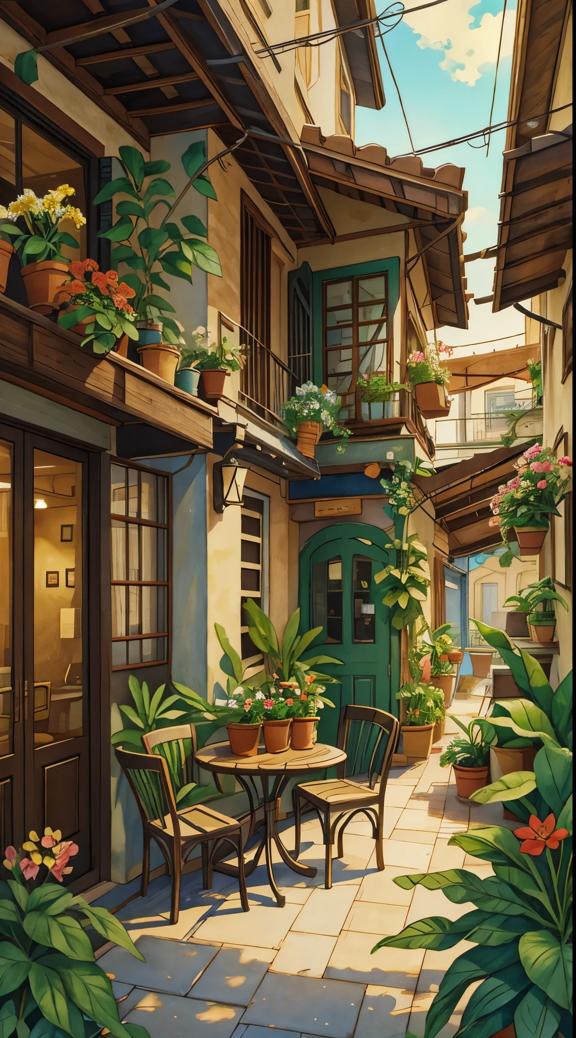 JZCG021,Flower Store,Coffee Spot,A table,chairs,no one,windows,Flowers,vegetation,flower pot,watercolor (medium),landscapes,Gate,air conditioner,插圖 (medium),traditional media,home,exteriors,balcony,architecture,Masterpiece,Best Quality,High Quality,vegetation,, Masterpiece,Best Quality,High Quality,