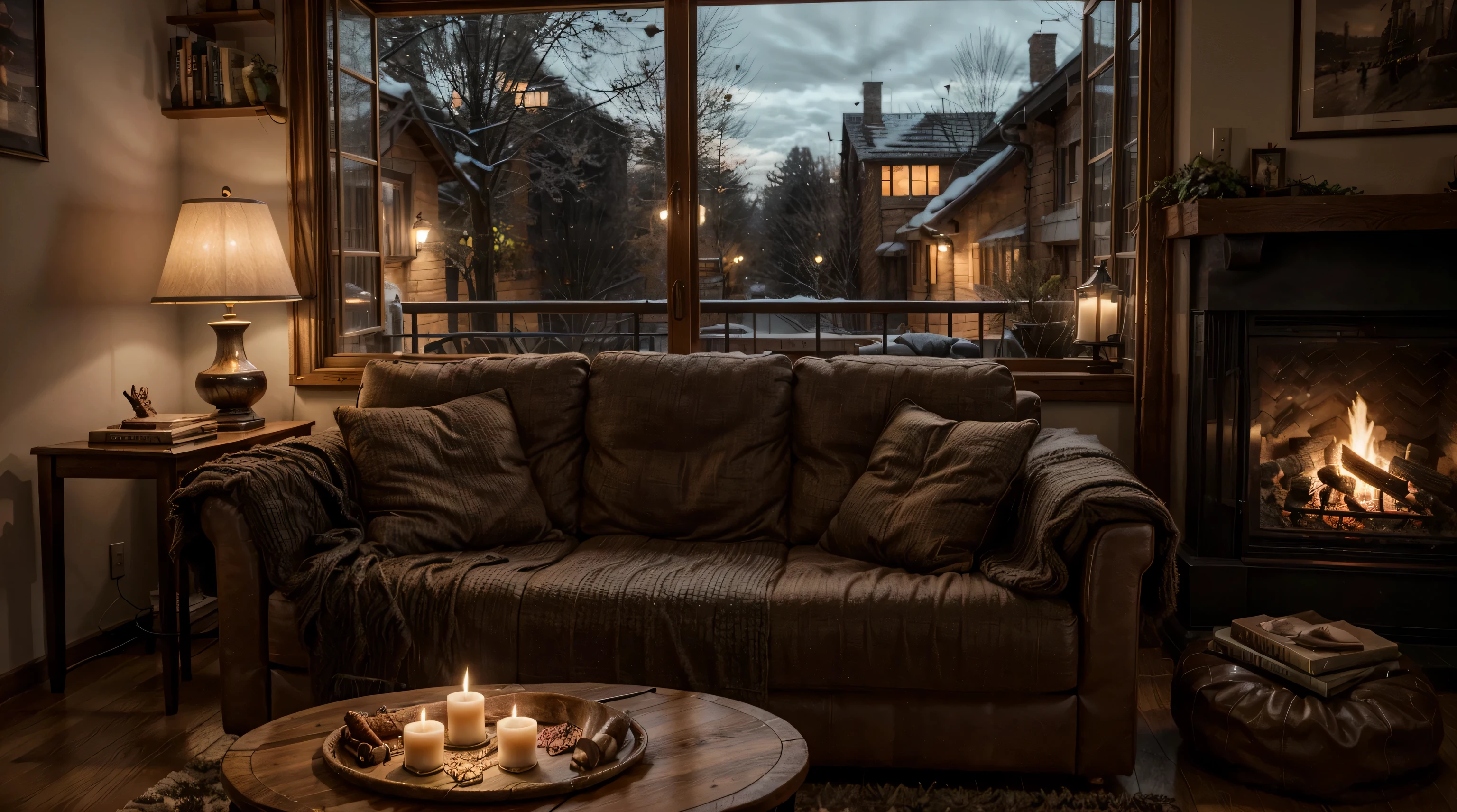 Arafed view of a living room with a couch and a fire place - SeaArt AI