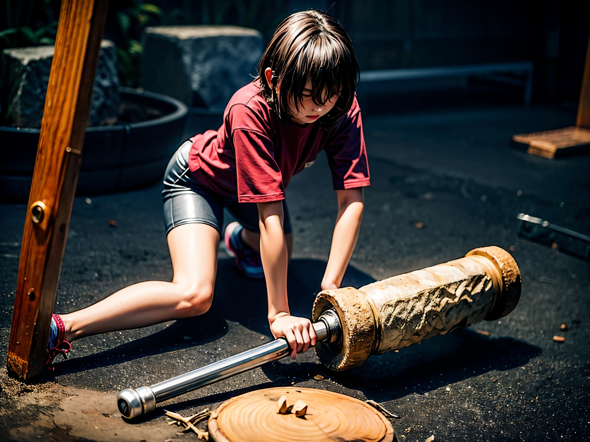 whole body、sweaty、A girl carves a stone into a stone statue with a chisel and hammer.