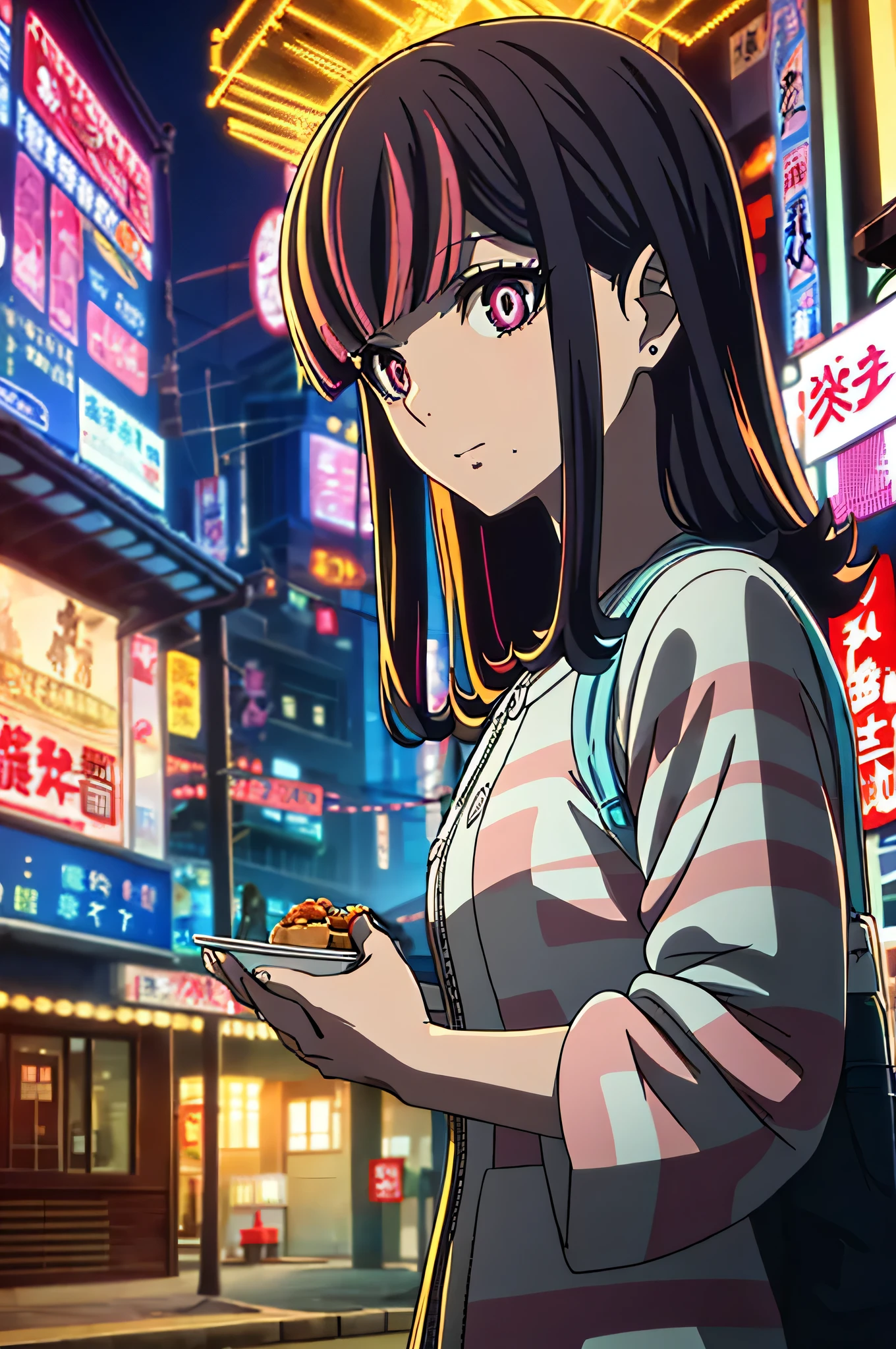 (((masterpiece, highest quality, sketch, Highly colored, high color saturation))), 1 girl, 一people々々in, looking at the viewer, ,Eating Takoyaki on a toothpick, He is holding a row of koyaki on a white plastic tray.,  happiness , The usual_people々々_they are lying_Guido, black hair, , striped hair, pink hair, long hair, pink eyes, Takoyaki, Takoyaki stall in the background, anime style, new sensation, Osaka in the near future, With Tsutenkaku in the background, Anime cartoon robot！, anime girl, nice lighting in the afternoon, cutscene footage, 背景はアニメセル風inす., anime screenshot, Cindy H. Yamauchi&#39;Work of, anime girl, Komatsuzaki style, blade runner, studio clown style, black pictures