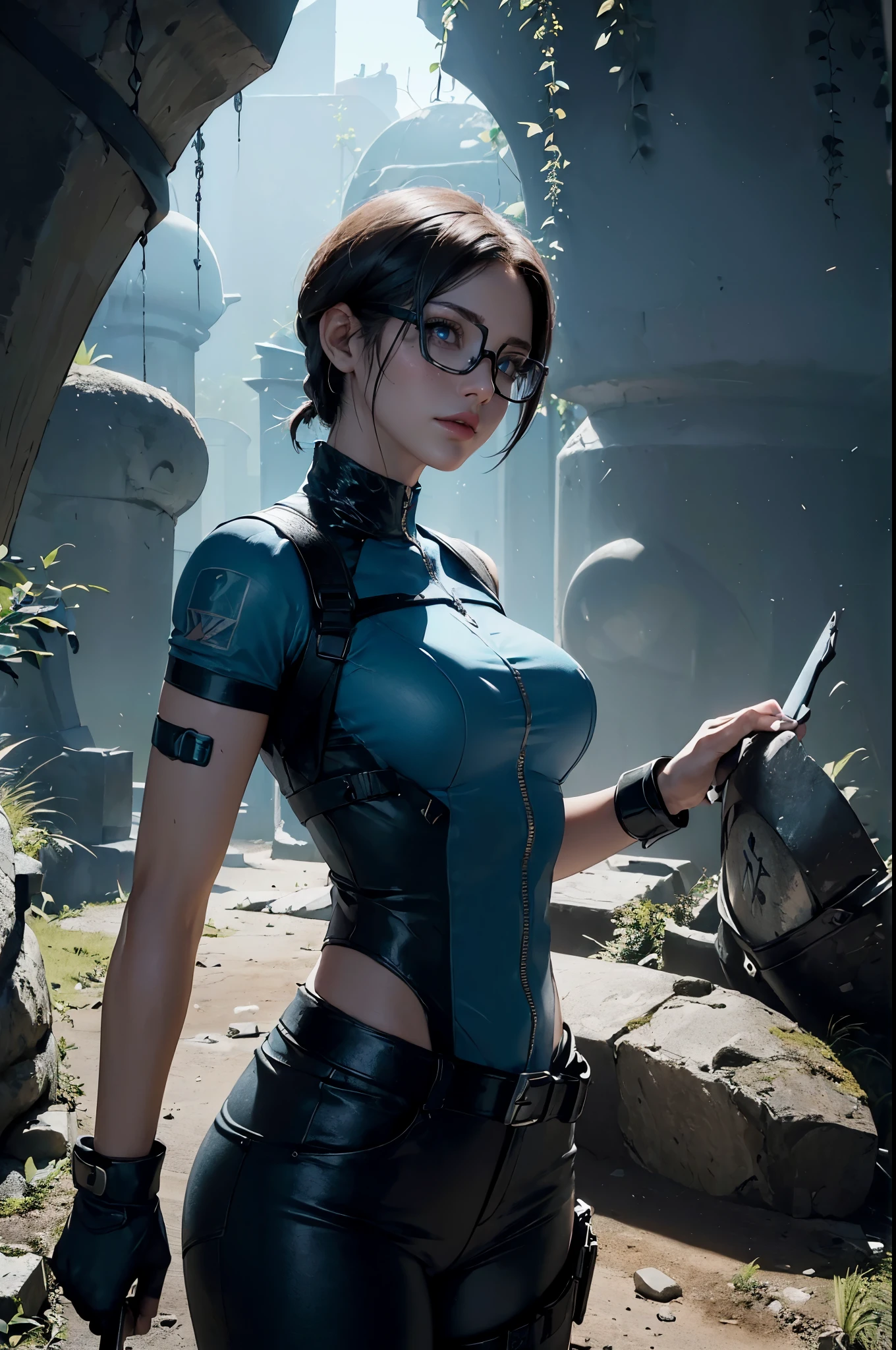 (((landscape of the catacombs))), a beautiful young explorer stood in the distance, ((wearing a jill valentine outfit)), ((wear glasses))