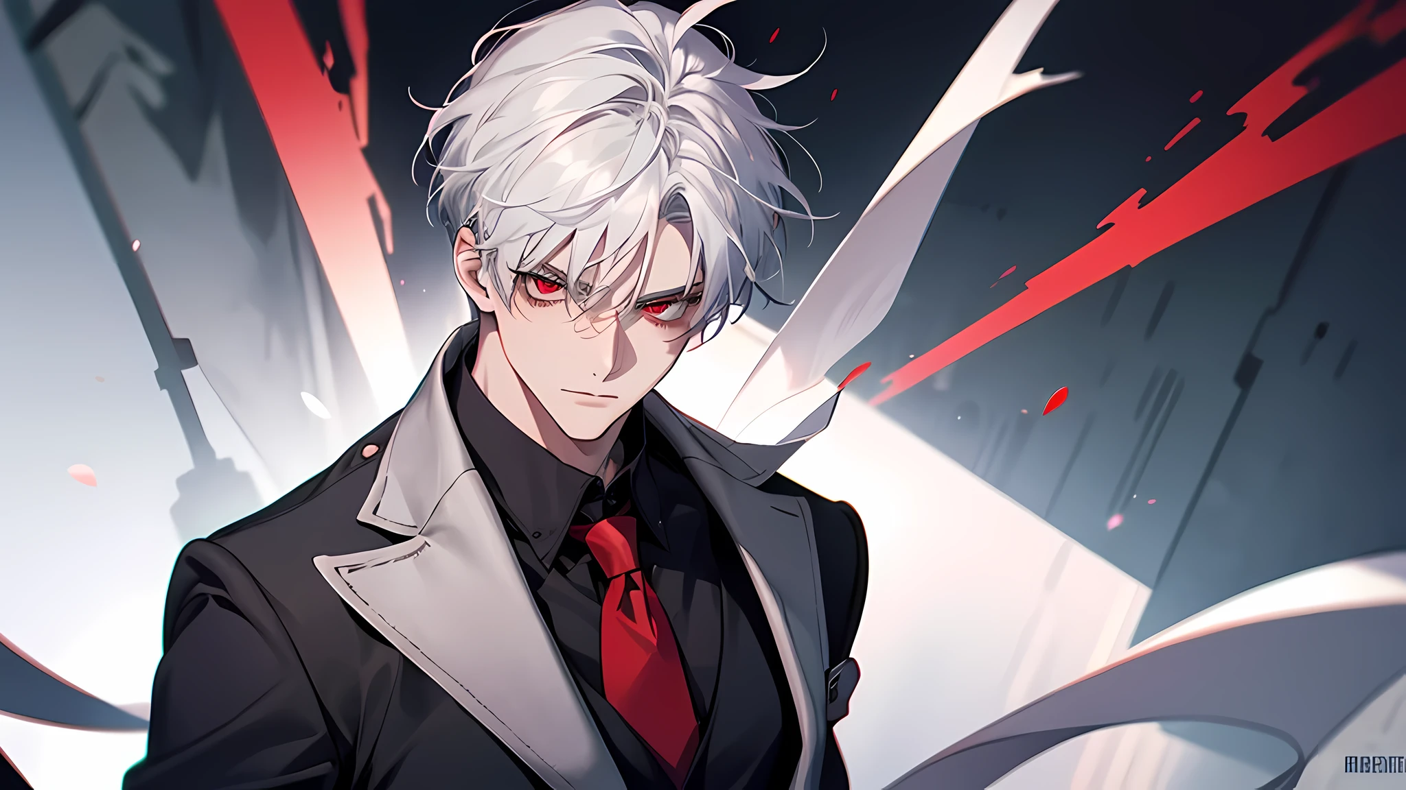 Red Eyes,white hair,Red bristles,male in his 20s, With short hair, A tall man, beautiful male,white hair, he has dark grey hairs, A male student with silver hair and red eyes exuded bluish energy. His height seemed to be average, and his impression was cute. However, the moment he fought, his eyes turned cold, perfect face, perfect eyes, perfect nose