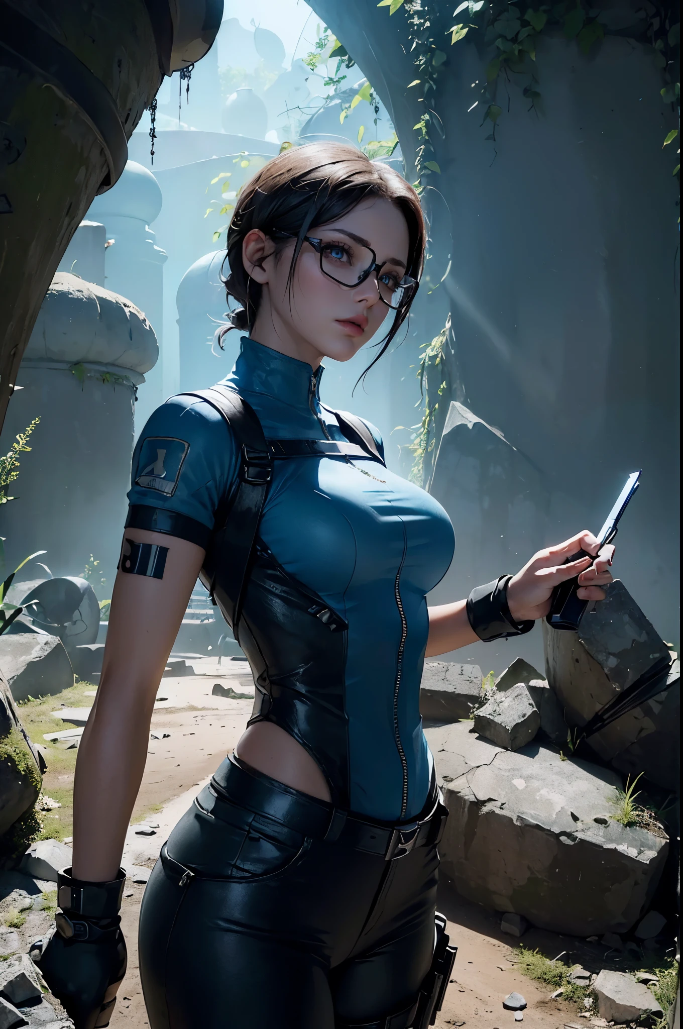 (((landscape of the catacombs))), a beautiful young explorer stood in the distance, ((wearing a jill valentine outfit)), ((wear glasses))